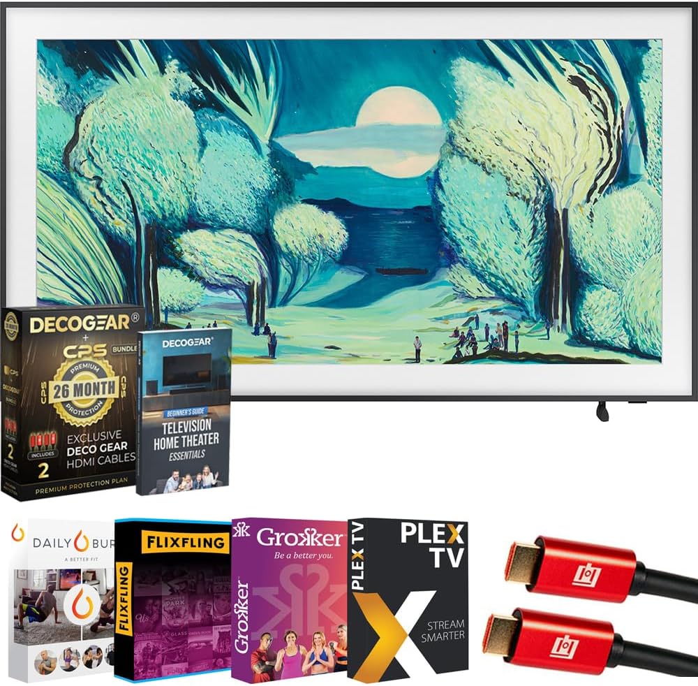 Samsung 55' The Frame LS03FA QLED 4K TV 2025 Art Mode, Vision AI | CPS Exclusive 26 Month Protection, 2X HDMI Cables, Premiere Movies Streaming & Deco Gear Complete Home Theater Beginner's Guidebook