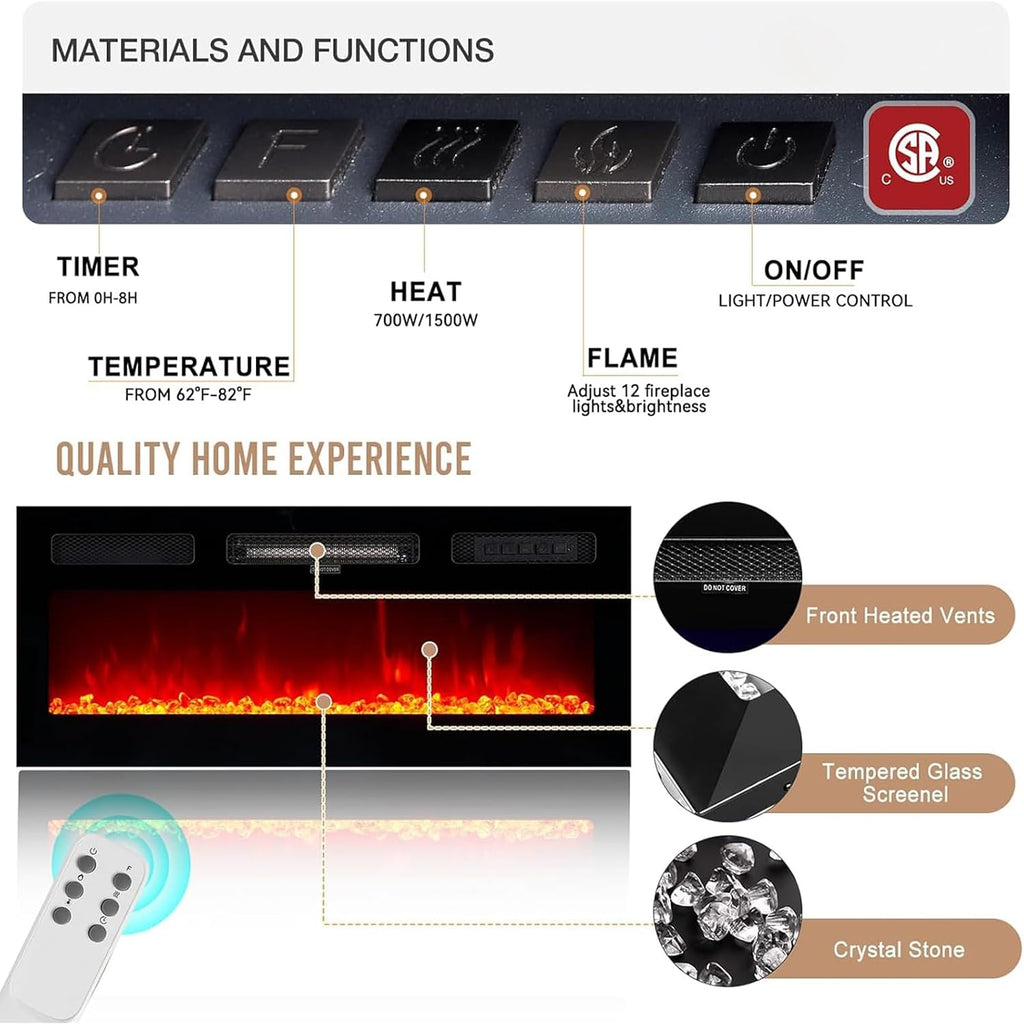 oneinmil Fireplace TV Stand with 36' Electric Fireplace, 2 Tier TV Console Stand for TVs Up to 90'', LED Light Entertainment Center, Fireplace for The Living Room TV Stand, Black, 80''