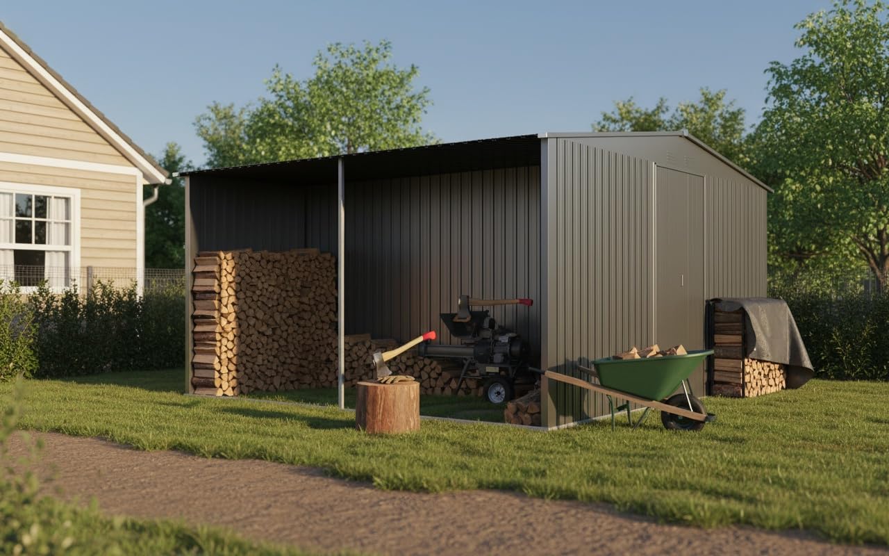 YOPTO 12x14 FT Sheds & Outdoor Storage,Metal Waterproof Firewood Shed with 2 Integrated Punched Vents,2-in-1Heavy-Duty Garden Tool House w/Window & Door,Shelter for Wood,Bicycles,Grey