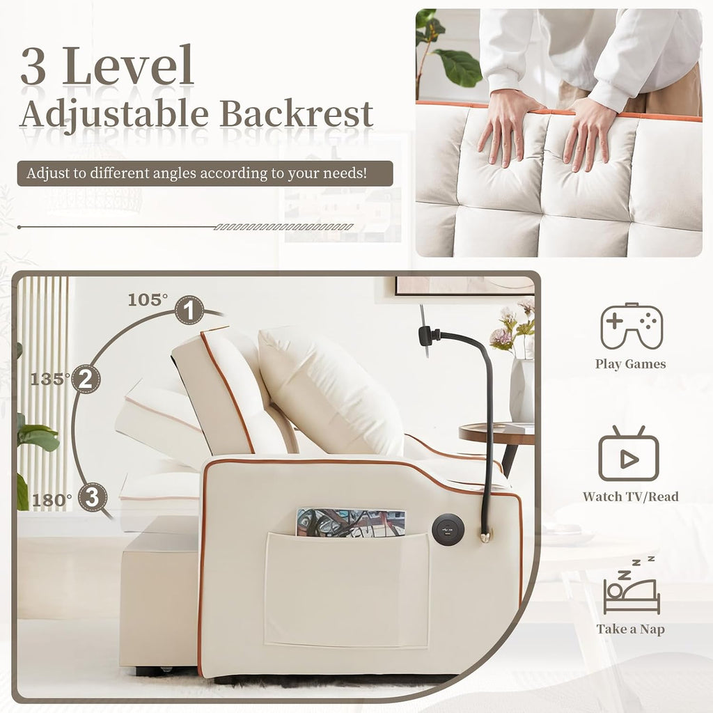 Convertible Sleeper Sofa Chair Bed, 3 in 1 Velvet Single Small Futon Sofa Bed with Phone Holder & USB Ports,Pull Out Couch Recliner with Adjustable Backrest for Living Room, Office, Small Place(Beige)