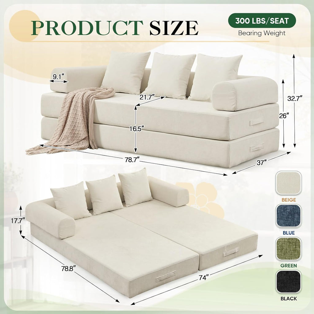 Deolme 3 in 1 Convertible Futon Sofa Bed, Modern King Size Chenille Loveseat Sleeper Sofa Folding, 3-Seater Foldable Lounger Couch Bed for Living Room, Bedroom Guest Room (Beige, 3 Throw Pillows)