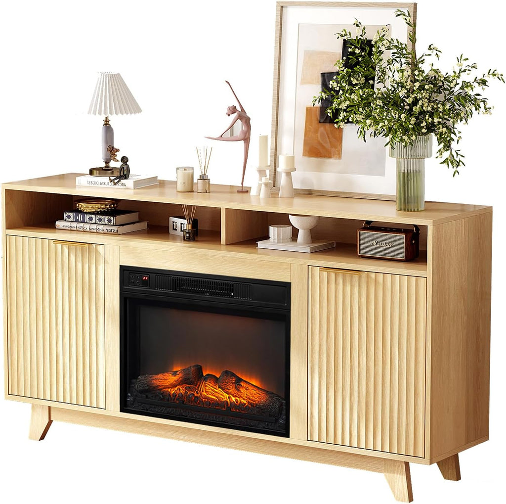 VINGLI Fluted Fireplace TV Stand for up to 70 inch TVs, Entertainment Center with Electric Fireplace Heater & Adjustable Shelves ＆ Open Cabinet, Fireplace Media Console Table for Living Room, Oak