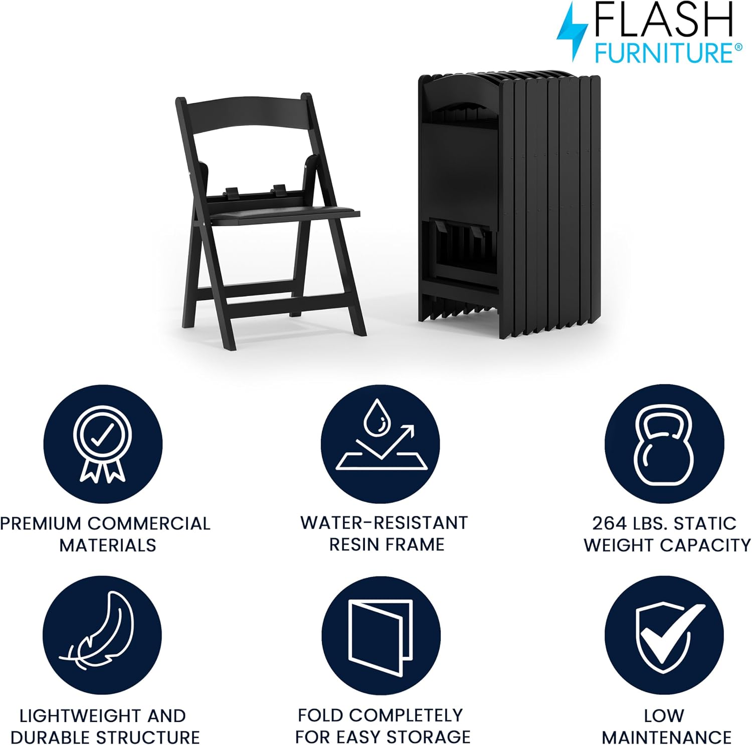 Flash Furniture Hercules Set of 10 Kids Black Resin Folding Chair with Black Vinyl Padded Seat