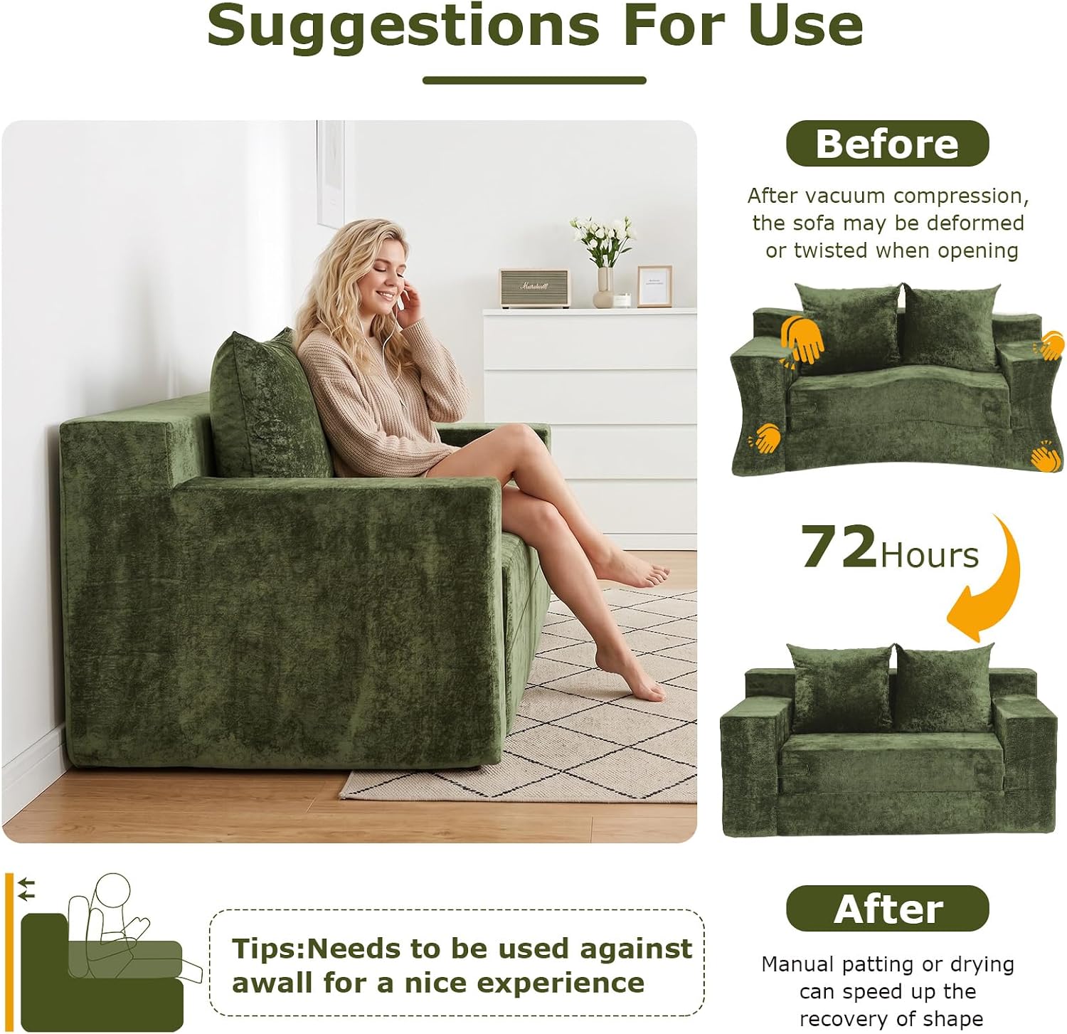 Boneless Couch Loveseat Sleeper, Convertible Sofa Bed Folding Couch Bed, Boneless Chair Bed & Futon Sofa Bed, Small Pull Out Couch Foldable with 4 Pillows for Living Room, Green