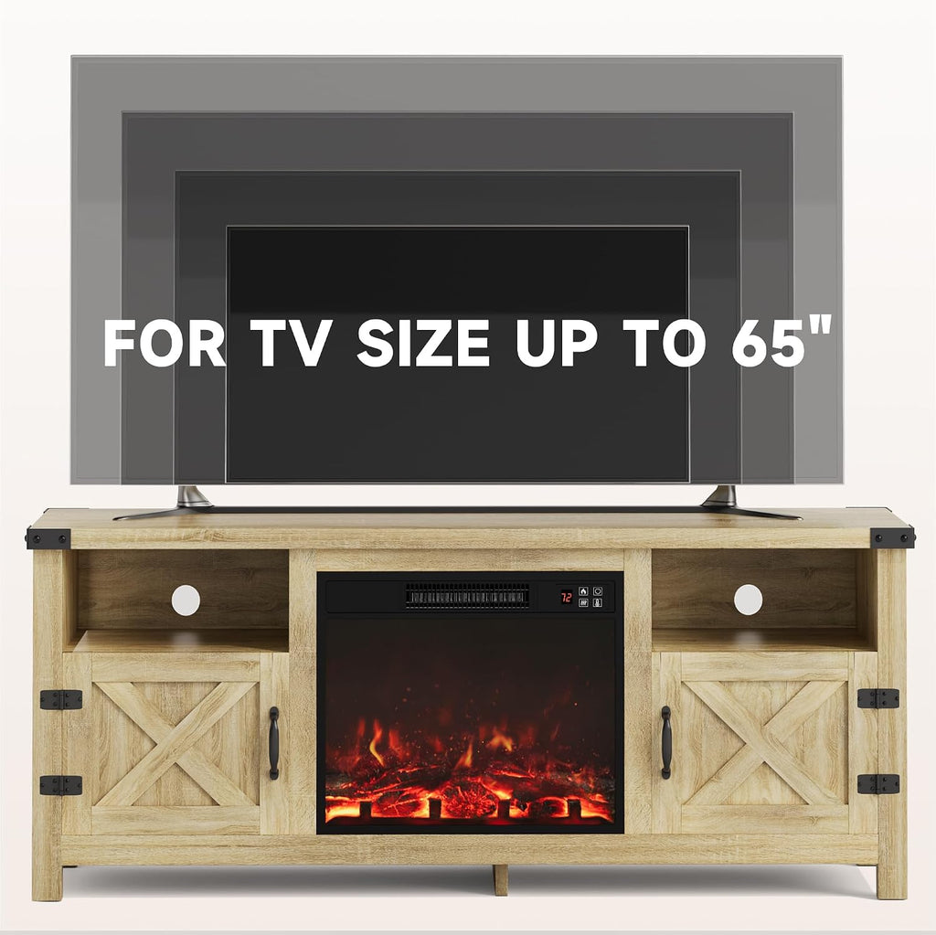Furmax Entertainment Center with Fireplace, Fireplace TV Stand with Storage Cabinets and 2 Open Shelves, Modern Media TV Console for Living Room (Light Oak)