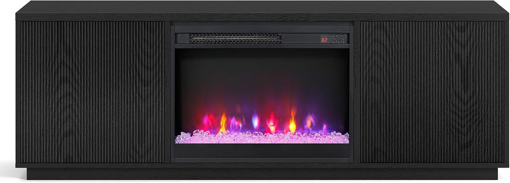 Henn&Hart Fluted TV Stand for TVs up to 75' with 26' Electric Crystal Rocks Fireplace and Ribbed Side Storage Cabinets for Living Room, Family Room, or Office, Natural Black