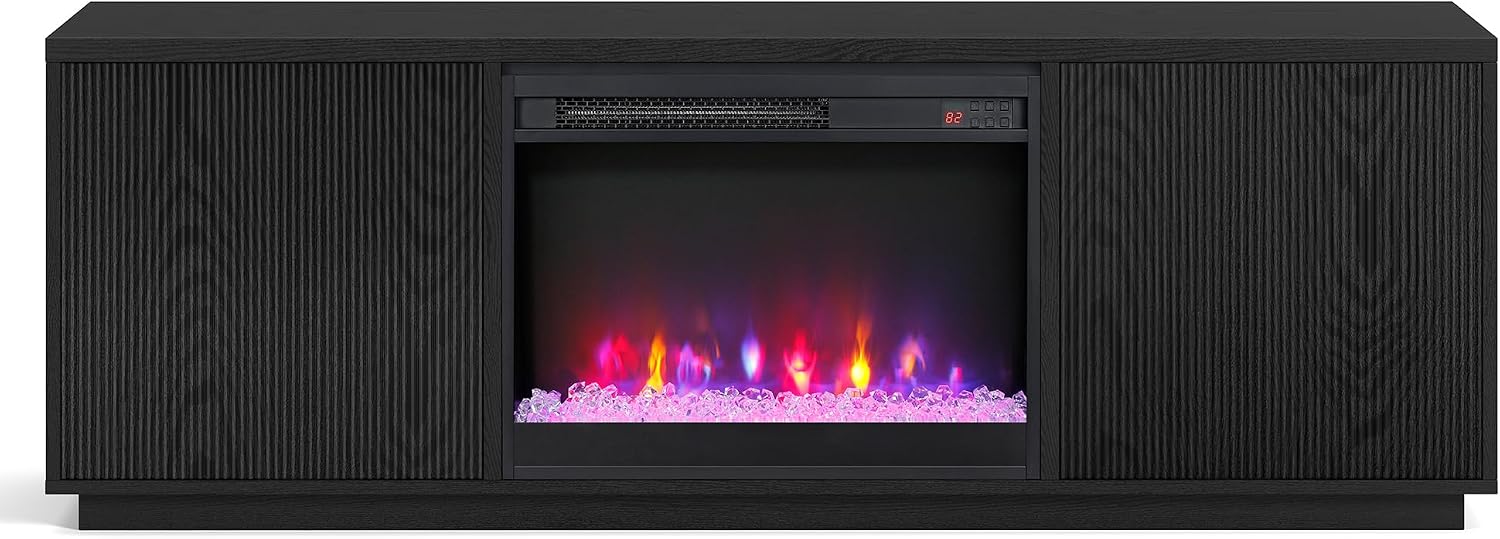 Henn&Hart Fluted TV Stand for TVs up to 75' with 26' Electric Crystal Rocks Fireplace and Ribbed Side Storage Cabinets for Living Room, Family Room, or Office, Natural Black