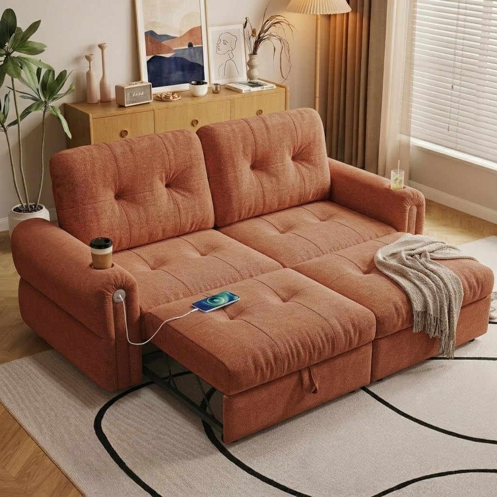 Convertible Couches, Queen Size Pull Out Sofa Bed with USB Charging Port and Cup Holders, Chenille Fabric Convertible Sofa Bed for Small Space, Living Room, Apartment, Guest Room, Orange