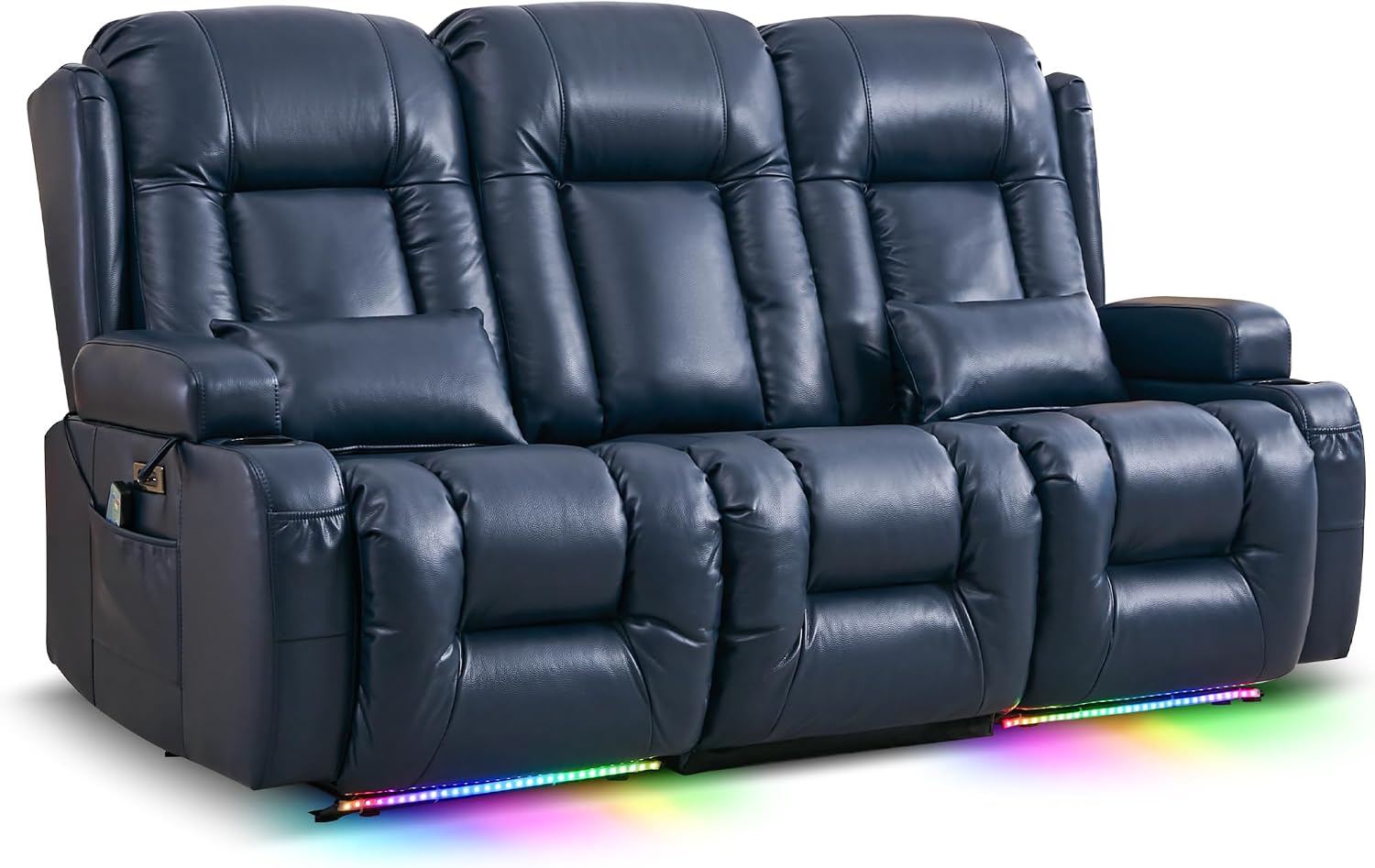 TUNYI Power Loveseat Recliner Sofa with Massage & Heat Home Theater Seating with Console RV Recliner Loveseat Sofa with USB/Storage/Side Pocket/LED Light/Speaker (Blue, 3 Seat)