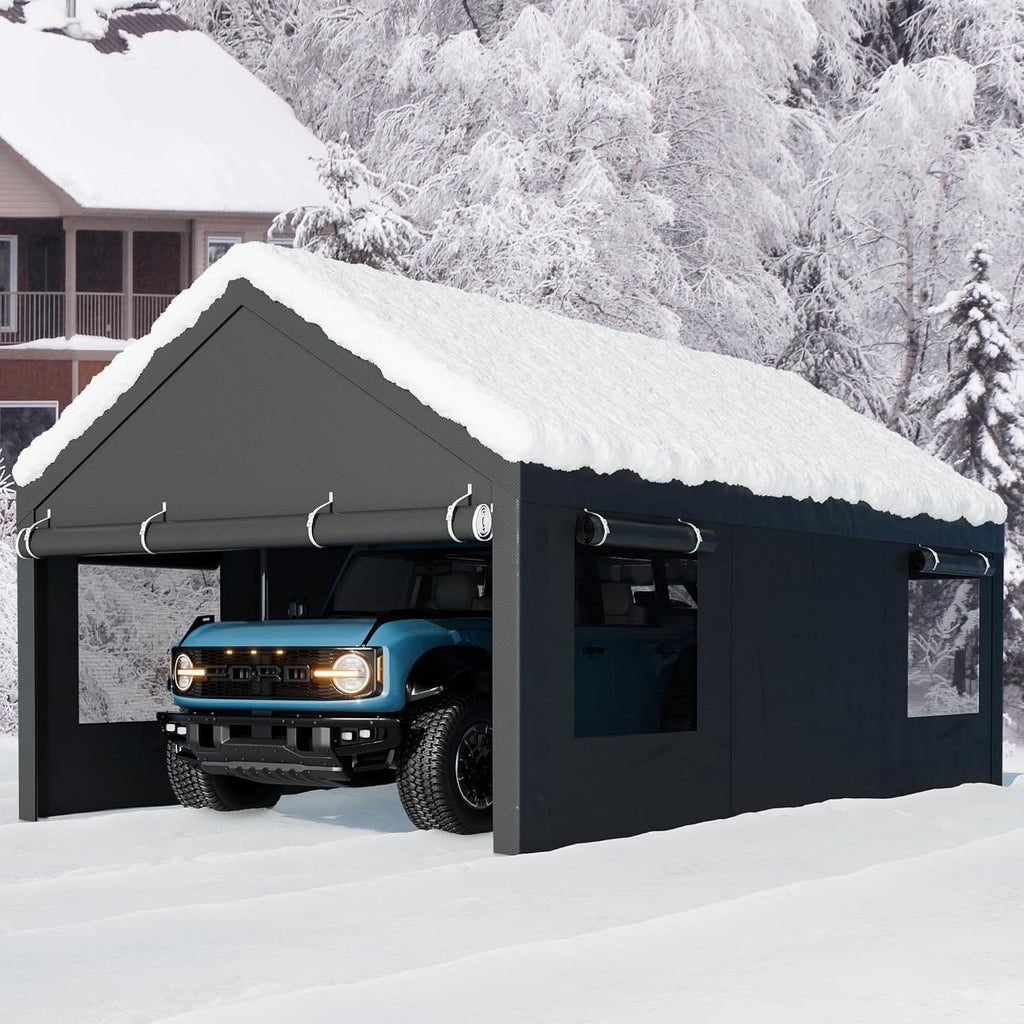 12x20 FT Heavy Duty Carport Canopy, All-Weather Vehicle Shelter with Roll-up Ventilation Windows & Removable Sidewalls, Portable Garage for SUV, Truck, Boat, Gray