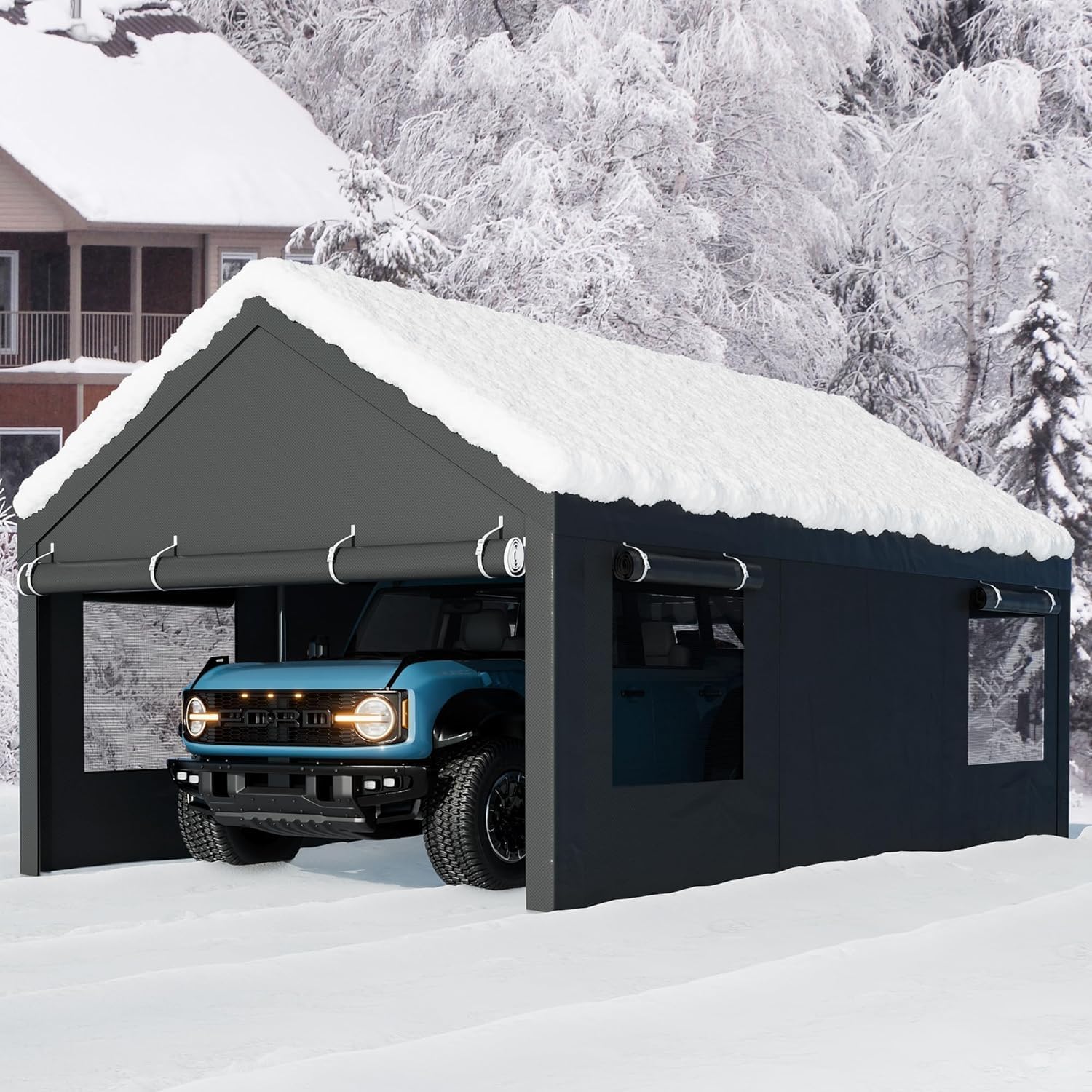 12x20 FT Heavy Duty Carport Canopy, All-Weather Vehicle Shelter with Roll-up Ventilation Windows & Removable Sidewalls, Portable Garage for SUV, Truck, Boat, Gray