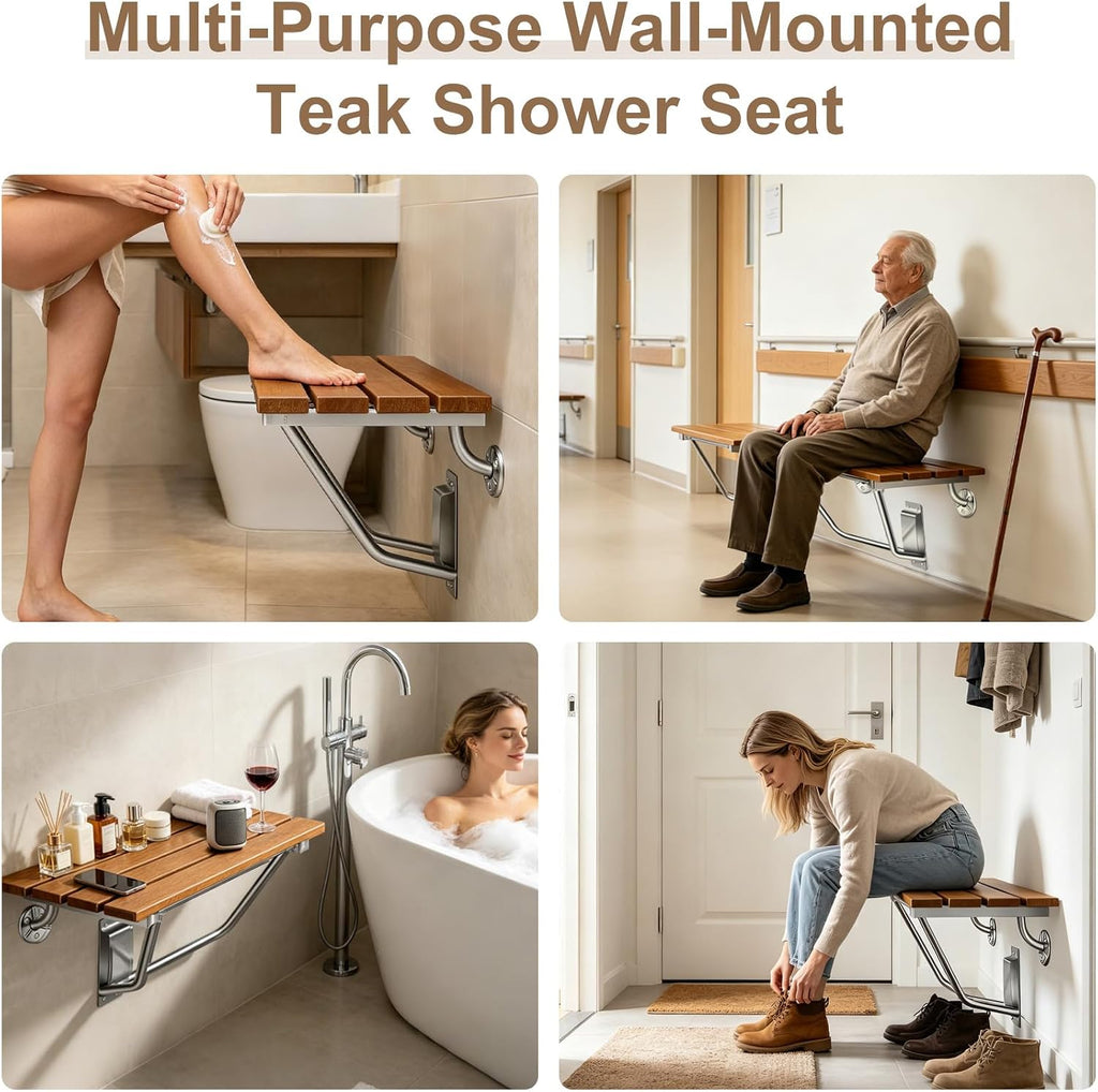 28'' Folding Shower Seat Wall Mounted, Folding Shower Bench with Stainless Steel Bracket, 500lb Load Capacity, for Elderly, Pregnant Women, Kids, Disabled