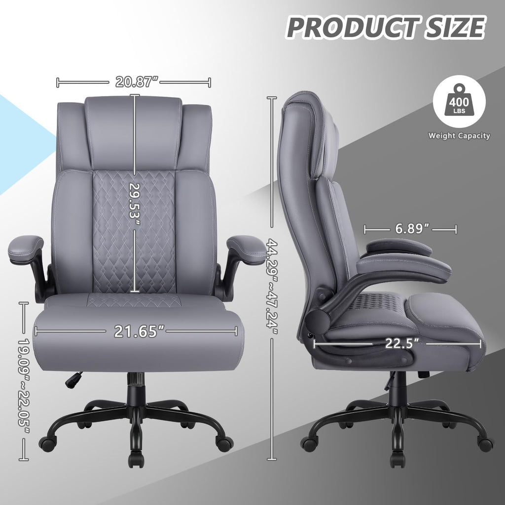 OFIKA Executive Office Chair Heavy Duty Office Chair Padded Flip Up Armrest, Computer Gaming Chair PU Leather Desk Chair, High Back Big and Tall Office Chair with Lumbar Support (Gray)