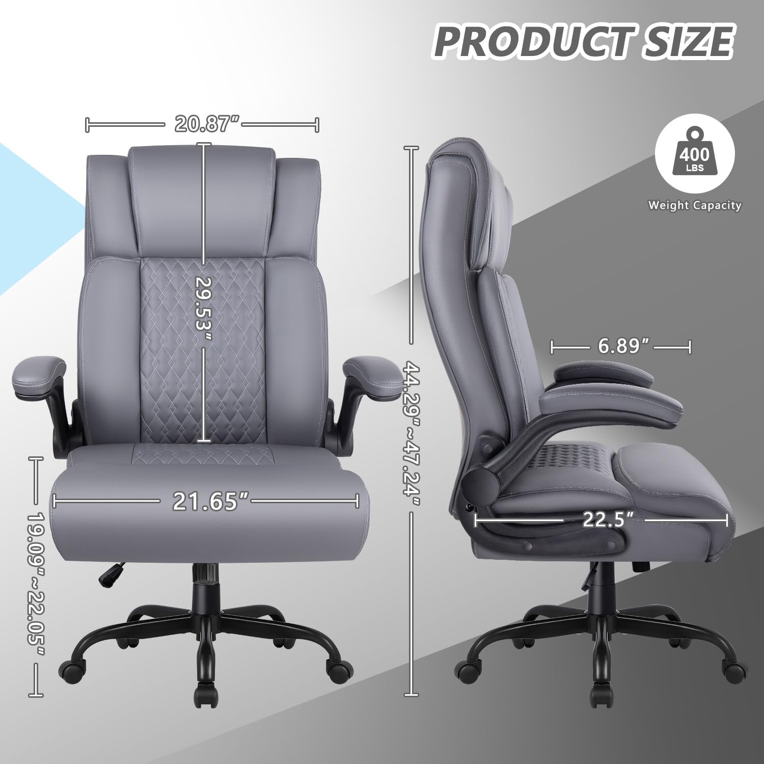 OFIKA Executive Office Chair Heavy Duty Office Chair Padded Flip Up Armrest, Computer Gaming Chair PU Leather Desk Chair, High Back Big and Tall Office Chair with Lumbar Support (Gray)