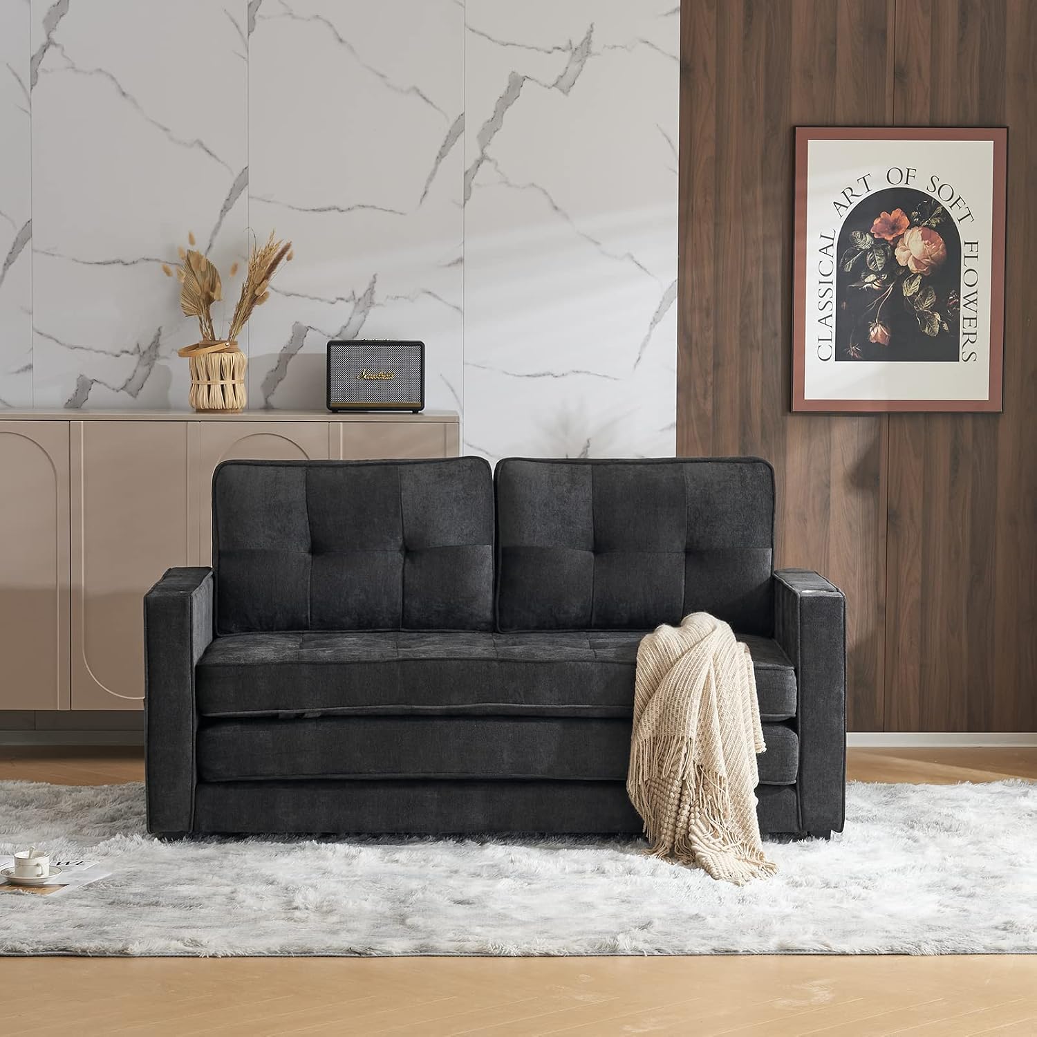 VINGLI Upgraded 64' W 84' L Full Size Futon Sofa Bed, 6' Thick Upholstery Chenille Loveseat Sofa Sleeper Pull Out Couch,Convertible Floor Couch for Living Room, Bedroom, Entertainment Room, Dark Grey