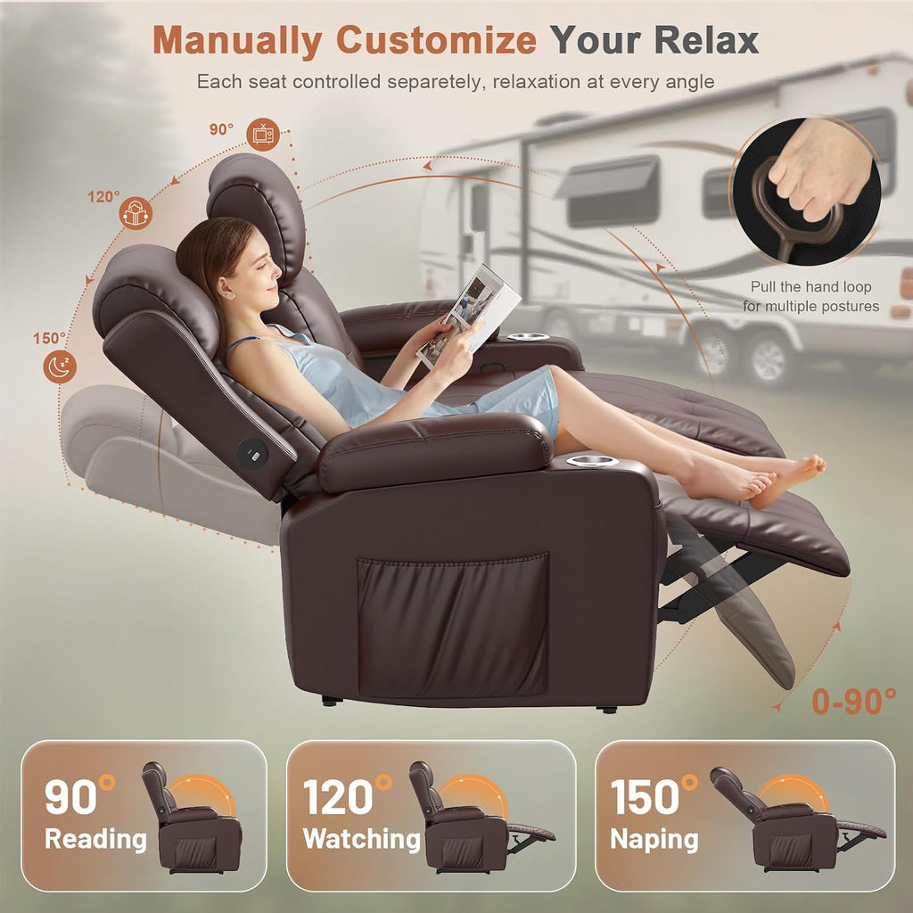 RV Loveseat Recliner Sofa, Wall Hugger Massage Reclining RV Couch with USB, Insert Pockets, Cup Holders, 150° RV Recliners Sleeper Sofa for RV Furniture & Travel Trailers & Home Theater Seating