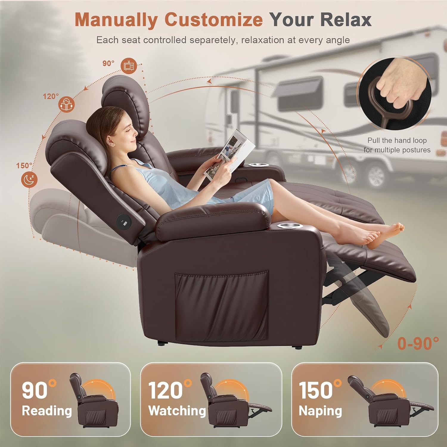 RV Loveseat Recliner Sofa, Wall Hugger Massage Reclining RV Couch with USB, Insert Pockets, Cup Holders, 150° RV Recliners Sleeper Sofa for RV Furniture & Travel Trailers & Home Theater Seating
