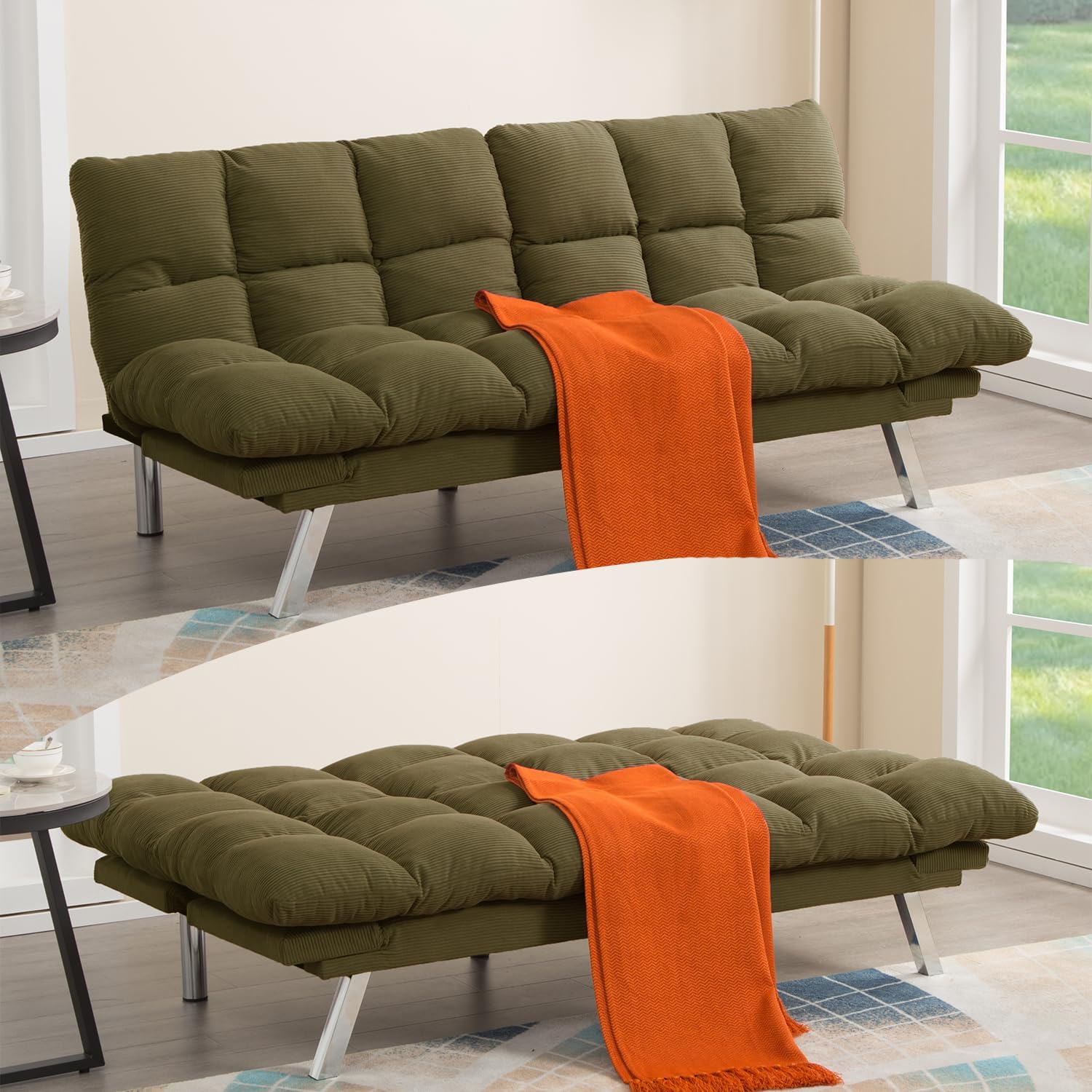 Modern Green Corduroy Convertible Folding Futon Couch Sofa Bed Adjustable Pillow Top Arm Memory Foam Couch Double Loveseat Sofa for Compact Living Space, Game Studio, Apartment, Bedroom (67.3' Green)