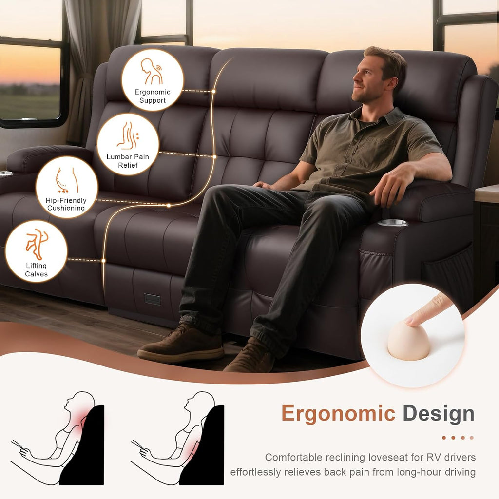 RV Loveseat Recliner Sofa, Built-in Power Strip, Massage Wall Hugger 3-Seater Recliners Couch, Flip Middle Backrest, Drawer & Cup Holder, Reclining Sleeper Sofa, 150° Recline for RV & Living Room