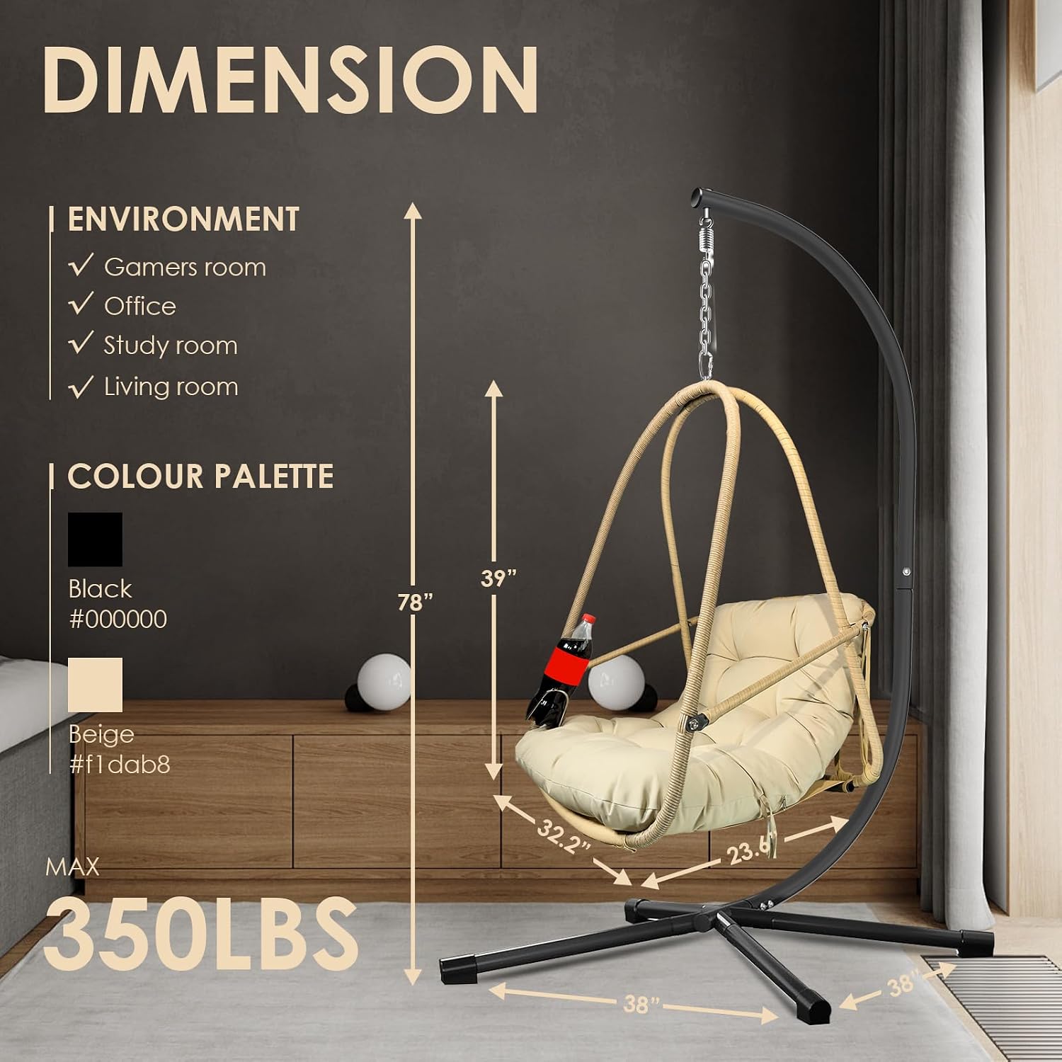 JESE Swing Egg Chair with Stand Foldable Frame Hanging Chairs for Indoor Outside,with UV Resistant Waterproof Cushion and Cup Holder,Swing Hammock Chairs for Patio,Bedroom,Balcony, Garden-350lbs Khaki