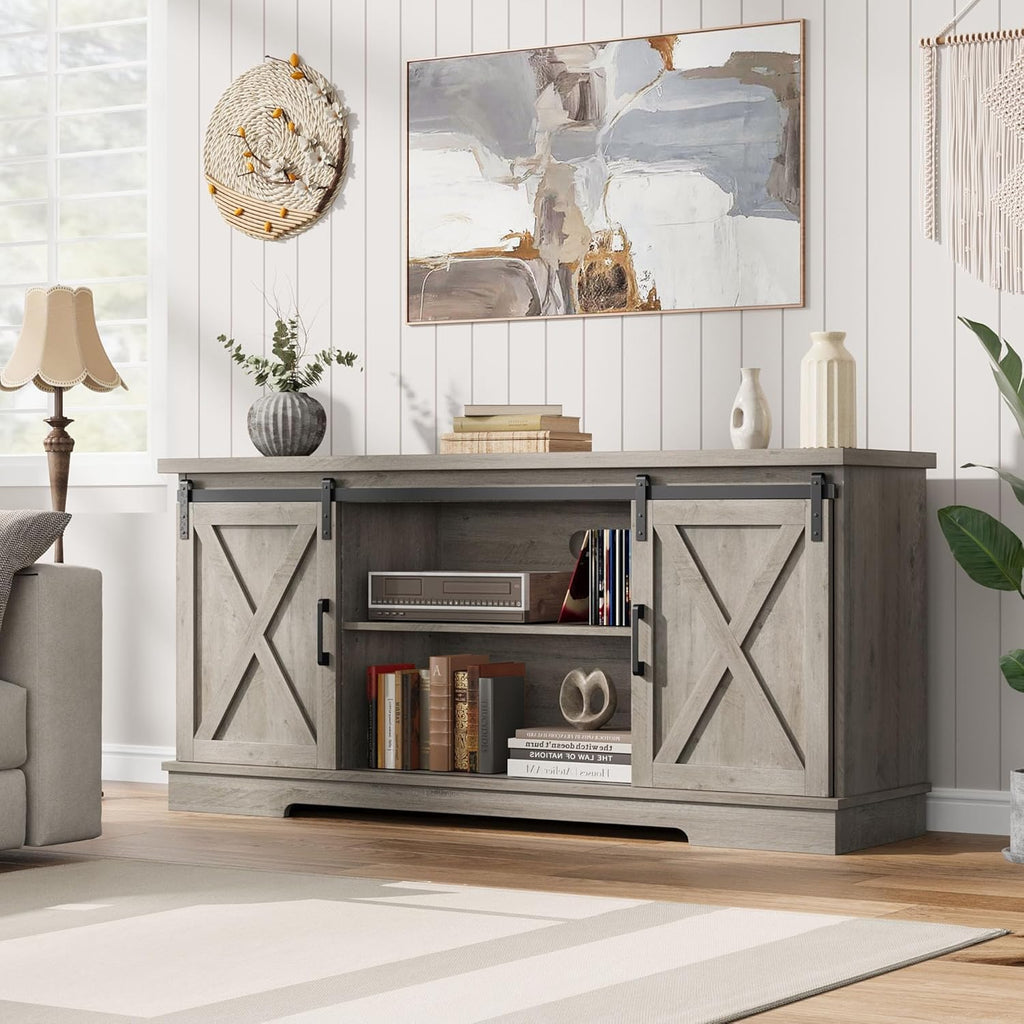 IDEALHOUSE Farmhouse TV Stand for 65 Inch TV, Entertainment Center with Sliding Barn Doors and Adjustable Shelves, TV Stand with Storage, Modern Storage Media TV Console for Living Room Bedroom, Grey