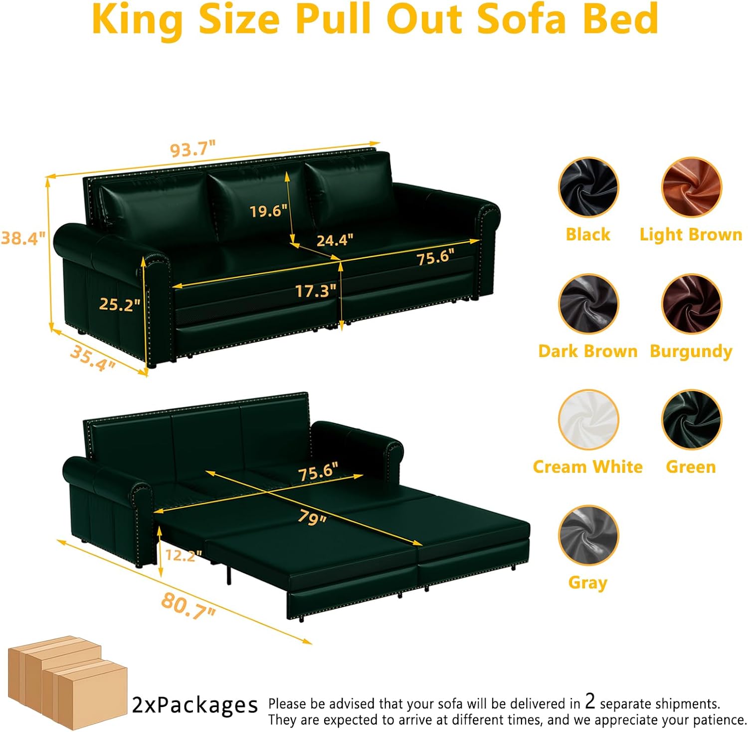 93.7' King Pull Out Sofa Bed, Faux Leather Sleeper Sofa Couch, 3 in 1 Convertible Futon Couches for Living Room, Small Space, Apartment, Office, Bedroom, Modern Rivet Armrest, Green