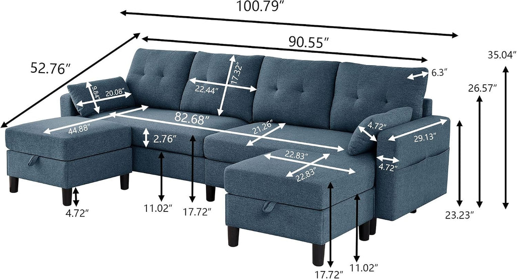 101' Convertible Sectional Sofa, Modern Linen Fabric U-Shaped Couch with 2 Storage Ottomans and Storage Pocket, 4 Seat Sofa Couches for Living Room, Apartment, Office, Blue