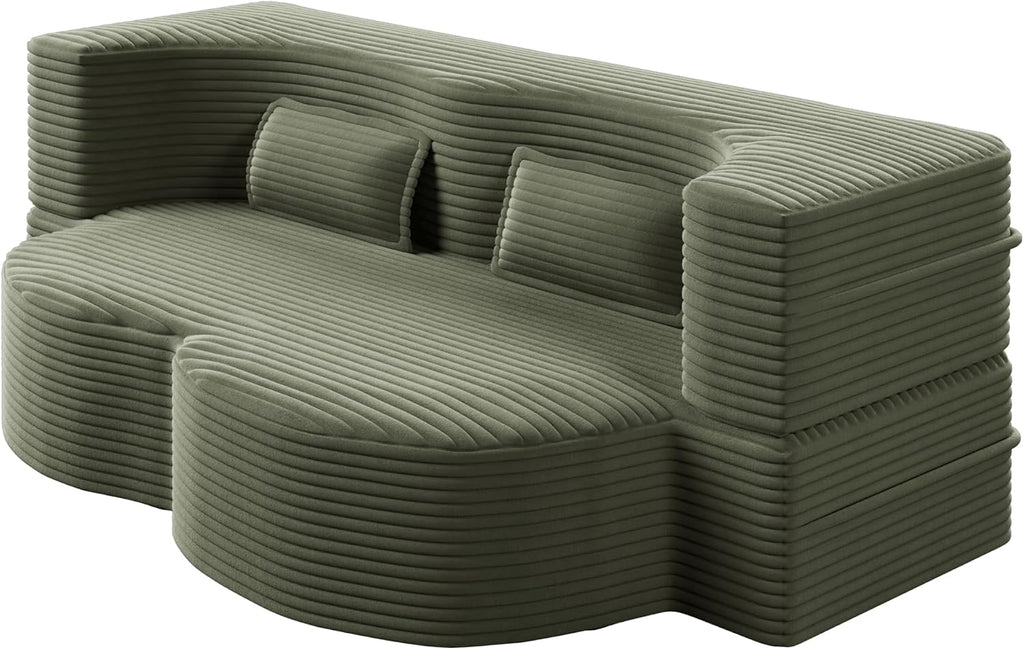 78' Futon Sofa Bed, 2-in-1 Foldable Floor Sleeper Sofa, Convertible Corduroy Curved Loveseat with 2 Pillows, Full Mattress Bed, Upholstered Boneless Couches for Living Room, Apartment, Green