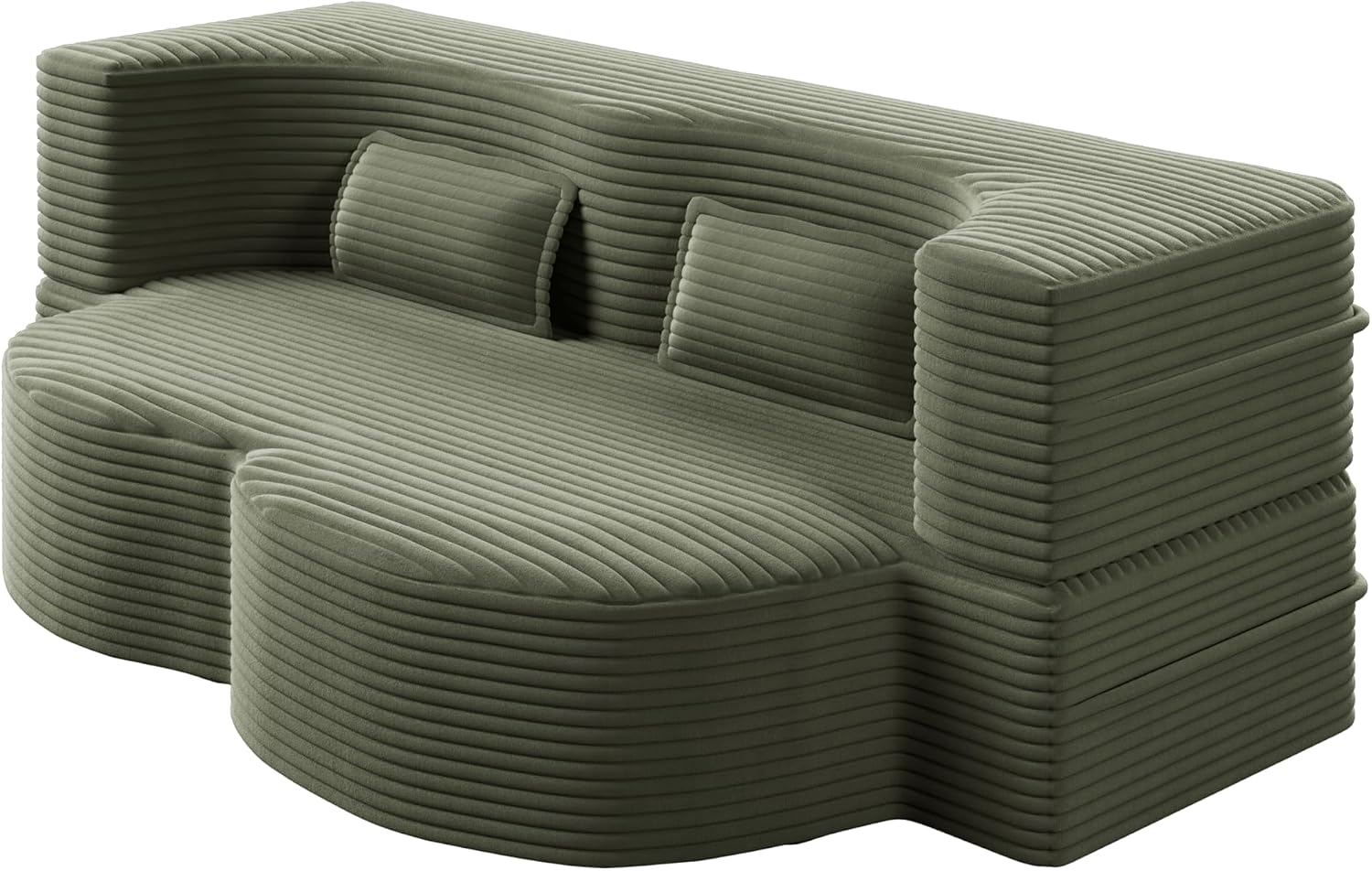 78' Futon Sofa Bed, 2-in-1 Foldable Floor Sleeper Sofa, Convertible Corduroy Curved Loveseat with 2 Pillows, Full Mattress Bed, Upholstered Boneless Couches for Living Room, Apartment, Green