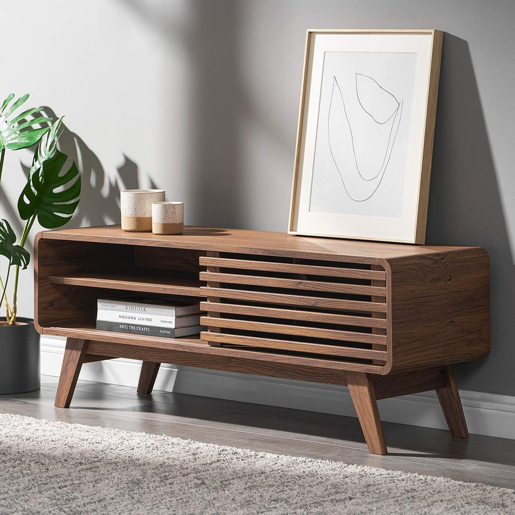 mopio Ensley 46' TV Stand with Slatted Door, Mid Century Modern Entertainment Center for 55/60/65 inch TV, Farmhouse Media Console with Storage, Adjustable Shelves, Round Edges, Living Room (Walnut)
