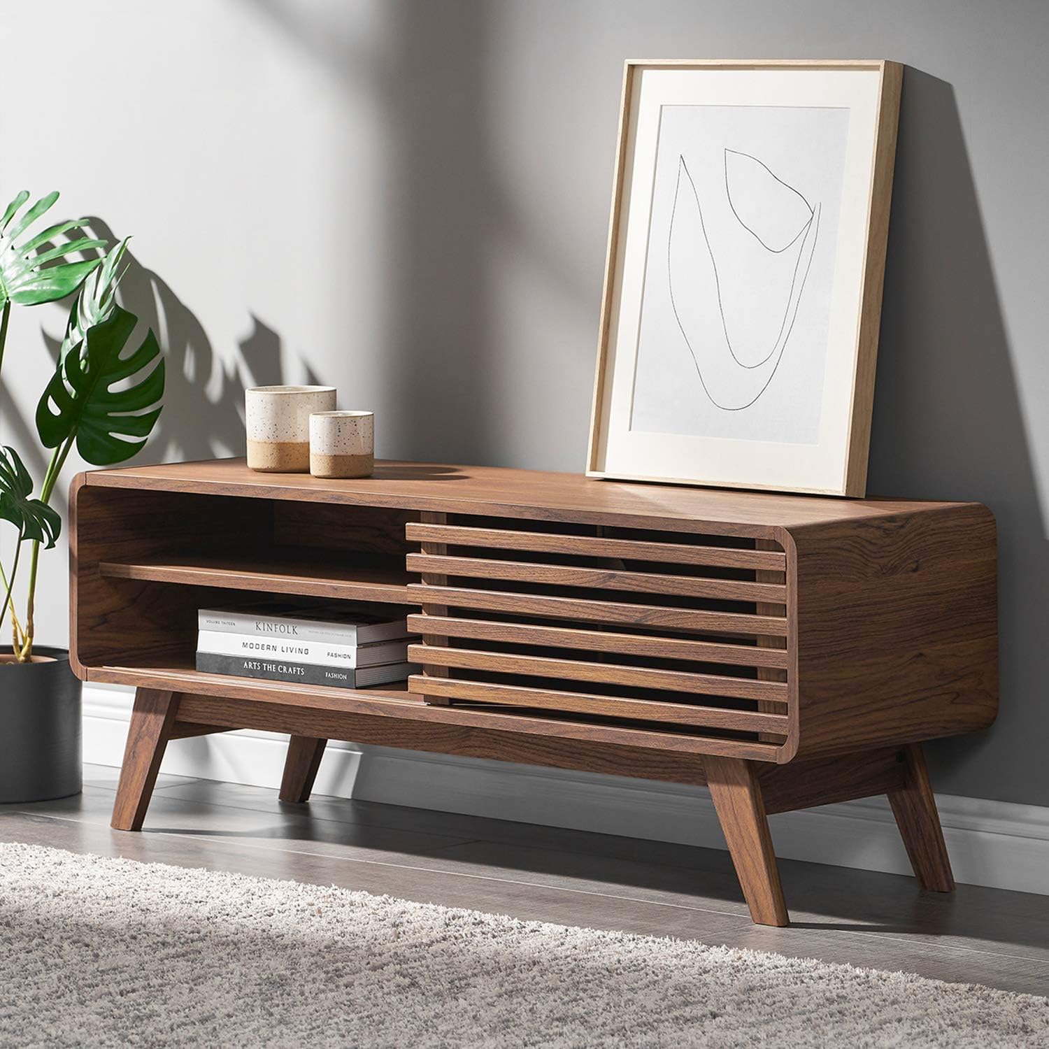 mopio Ensley 46' TV Stand with Slatted Door, Mid Century Modern Entertainment Center for 55/60/65 inch TV, Farmhouse Media Console with Storage, Adjustable Shelves, Round Edges, Living Room (Walnut)