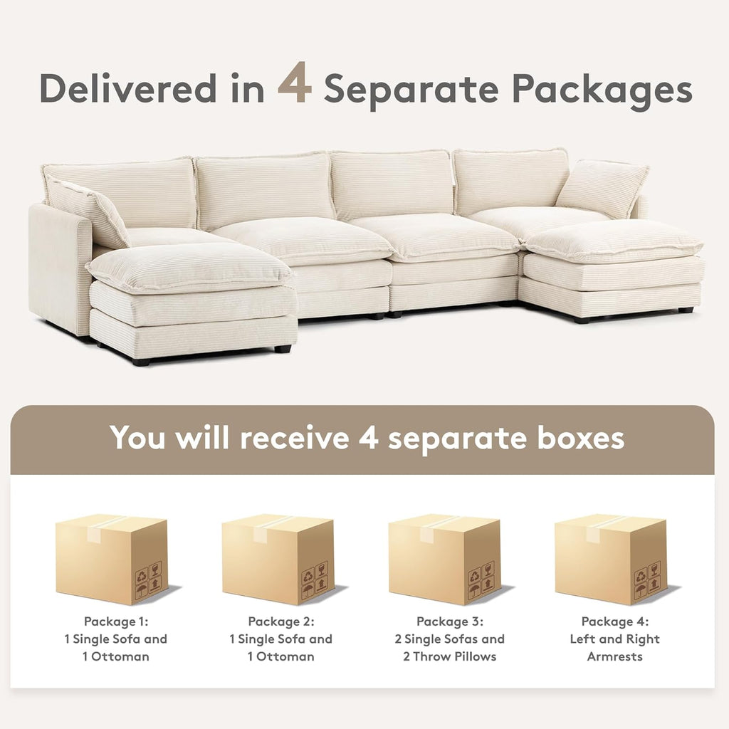 ROWHY 148'' Sectional Cloud Couch with 2 Ottomans, Oversized 4 Seat Sleeper Sofa with 2 Throw Pillows, Convertible Upholstered U Shaped Cozy Sofa Furniture Set for Living Room and Office, Beige