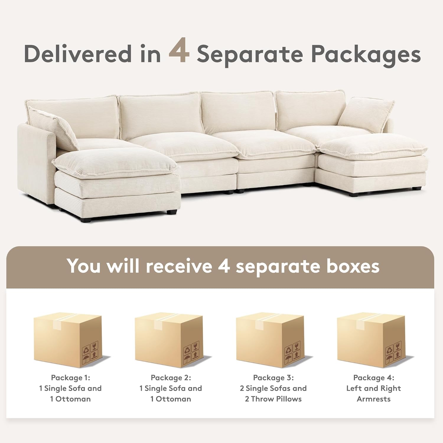 ROWHY 148'' Sectional Cloud Couch with 2 Ottomans, Oversized 4 Seat Sleeper Sofa with 2 Throw Pillows, Convertible Upholstered U Shaped Cozy Sofa Furniture Set for Living Room and Office, Beige