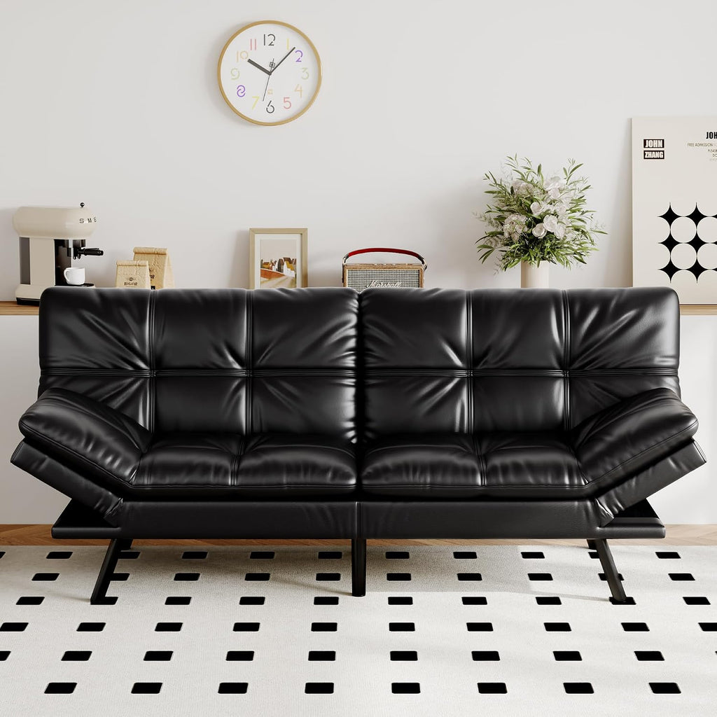 Futon Sofa Bed Convertible Couch, Black Faux Leather Sofa Bed with Memory Foam, Adjustable Backrest & Armrests, Multifunctional Small Loveseat Sleeper Sofa for Living Room, Apartment, Office