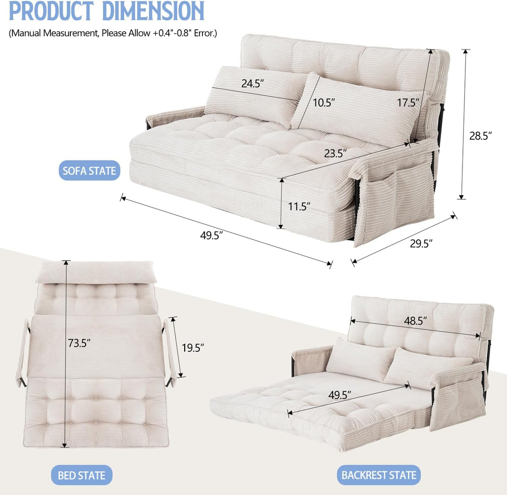 Convertible Futon Sofa Bed with Adjustable Backrest Pillows,Folding Loveseat Sleeper Sofa,Corduroy Pull Out Couches with Side Pocket for Living Room Bedroom Lounge（Cream）