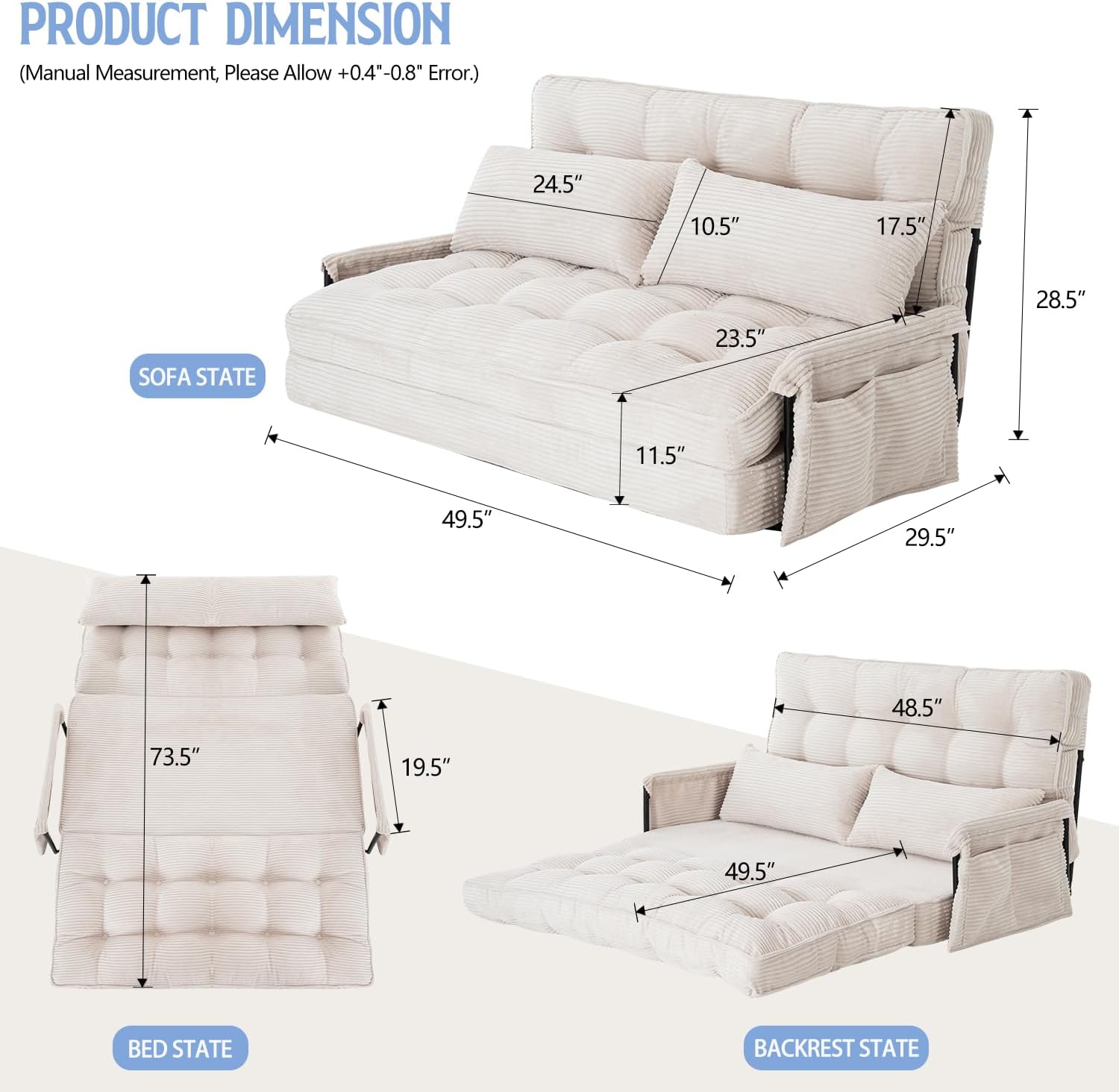 Convertible Futon Sofa Bed with Adjustable Backrest Pillows,Folding Loveseat Sleeper Sofa,Corduroy Pull Out Couches with Side Pocket for Living Room Bedroom Lounge（Cream）