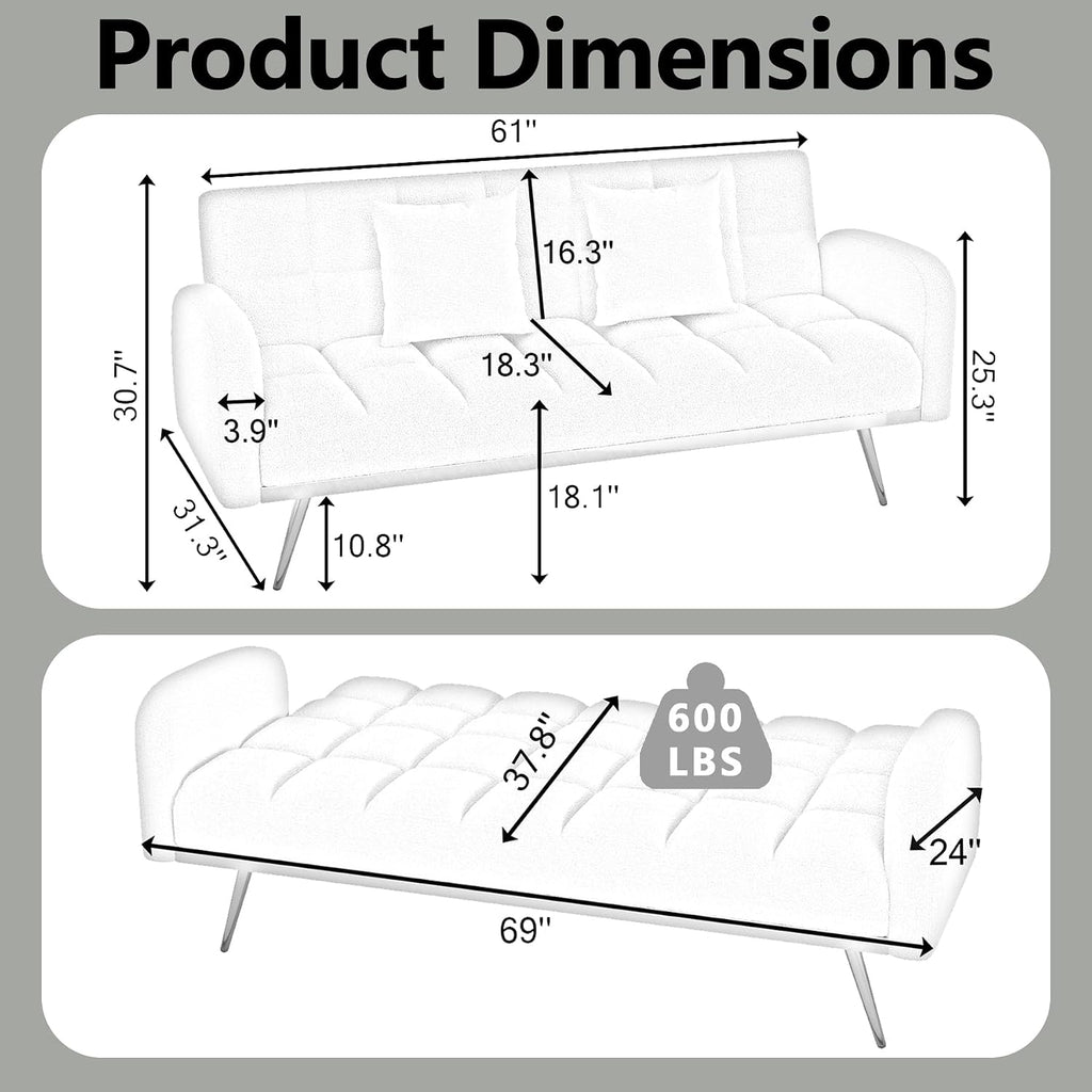 Comfy Futon Sofa Bed with 2 Pillows, Grey Futon Couch Bed with Gold Legs, Small Convertible Sofa Bed Couch for Living Room, Modern Loveseat for Bedroom, Curved Arms, Plush Tufted-Shaped,Teddy (Grey)