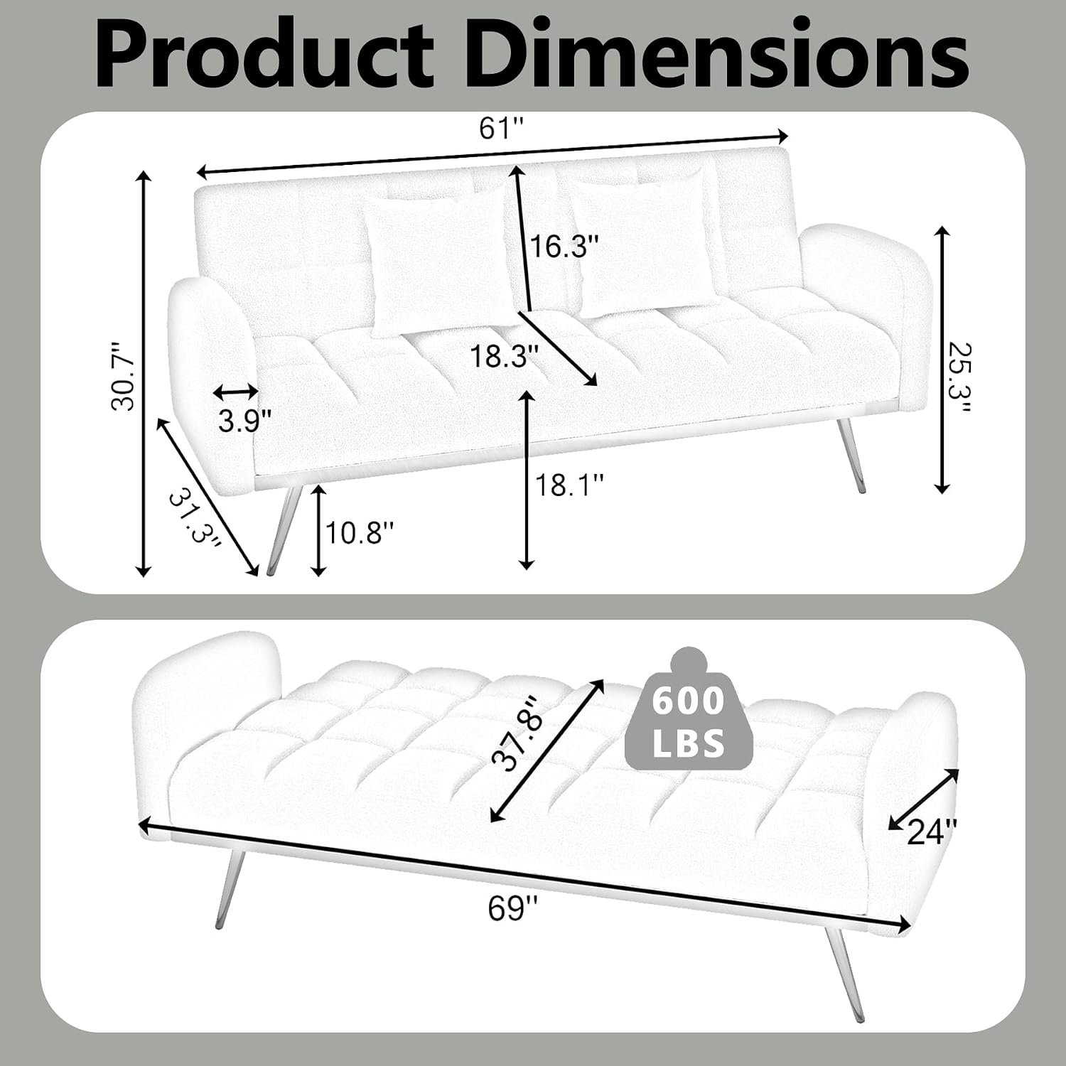 Comfy Futon Sofa Bed with 2 Pillows, Grey Futon Couch Bed with Gold Legs, Small Convertible Sofa Bed Couch for Living Room, Modern Loveseat for Bedroom, Curved Arms, Plush Tufted-Shaped,Teddy (Grey)