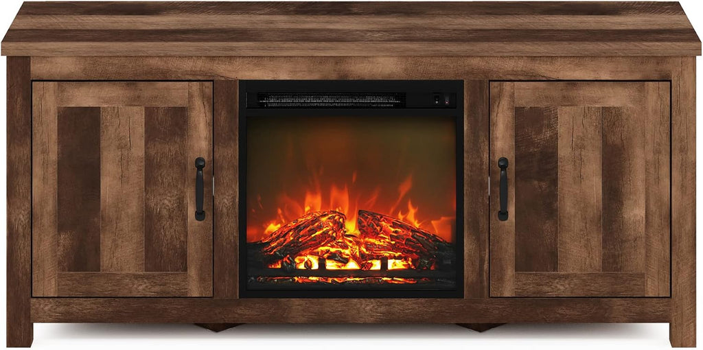 Furinno Jensen Farmhouse Barn Door Fireplace Stand with Storage Cabinet for TV up to 60 Inch, Rustic Brown