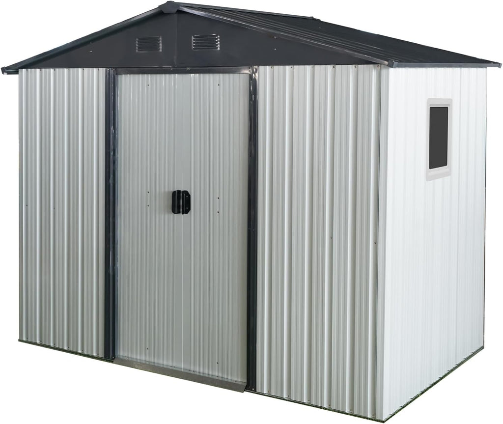 89in x 47in Heavy-Duty Outdoor Metal Storage Shed with Floor Foundation & Window - Galvanized Steel Tool Shed, Tiny Home Backyard Solution w/Lock, Shelves & Anchors,White+Black