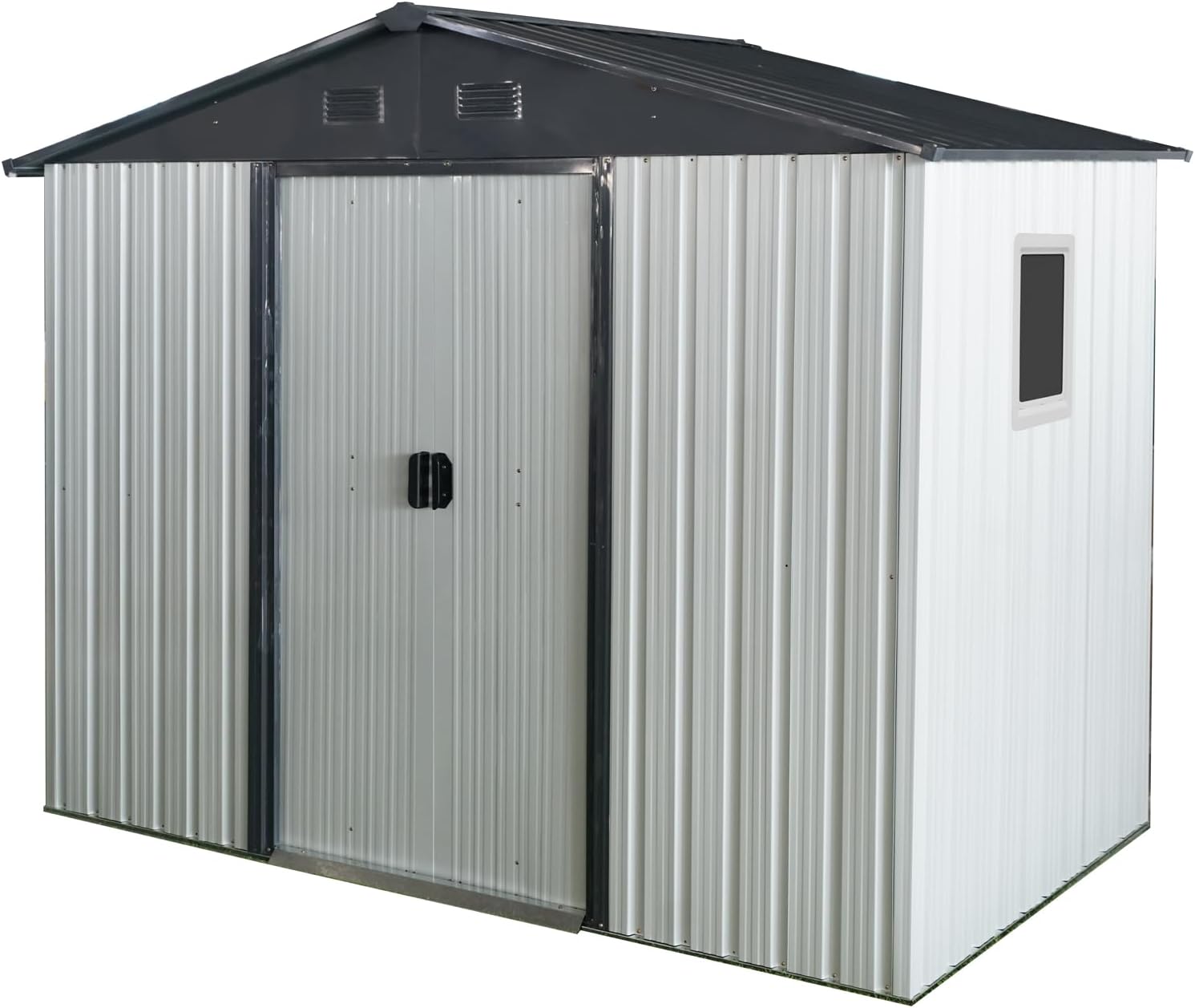 89in x 47in Heavy-Duty Outdoor Metal Storage Shed with Floor Foundation & Window - Galvanized Steel Tool Shed, Tiny Home Backyard Solution w/Lock, Shelves & Anchors,White+Black