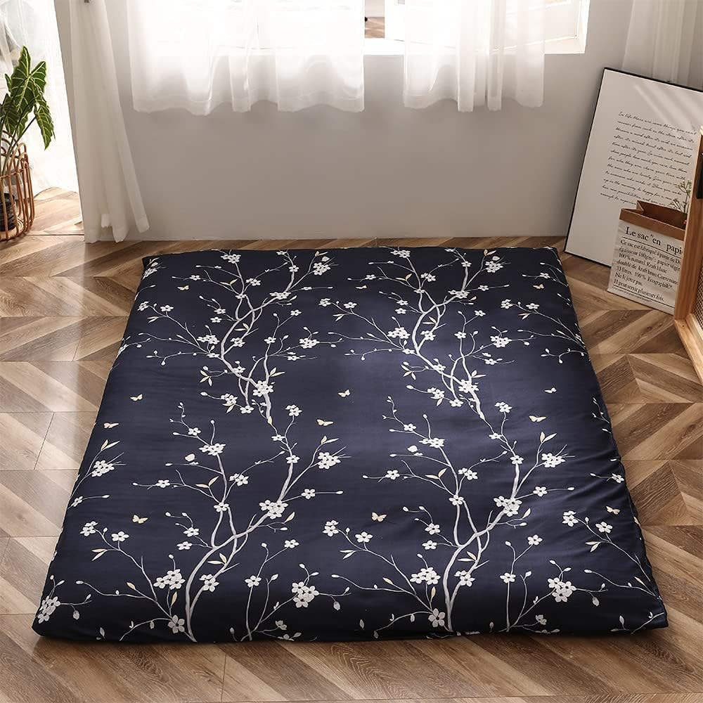 MAXYOYO Navy Floral Printed Japanese Floor Mattress Rustic Style Futon Mattress Foldable Bed Roll Up Camping Mattress Floor Lounger Bed Couches, King Size