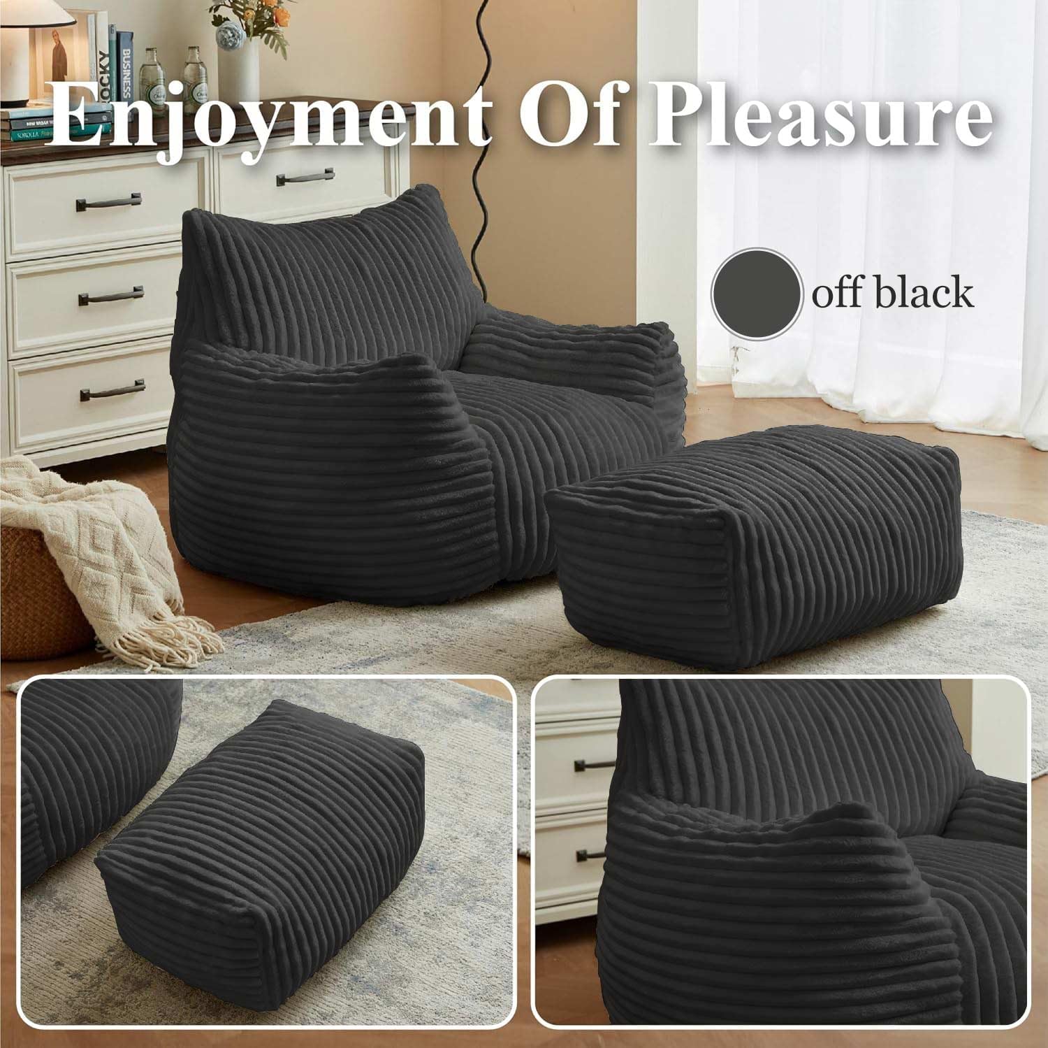 Giant Plush Bean Bag Chair with armrests for Adults,Reading Chair with Footstool,Black Bean Bag,Comfortable Reading and Gaming Recliner,Relaxing Cloud Sofa (Black, Bean Bag Chair + Footstool)