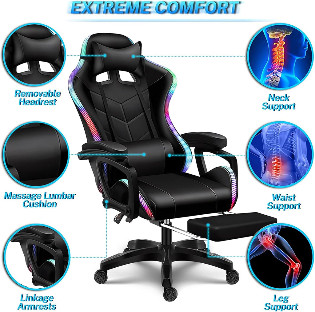 Full Massage Gaming Chair for Adults Video Game Chair with Speaker and RGB Light PU Leather Office Chair with Footrest Headrest Armrest Recliner Computer Chair Swivel E-Sports Chair,Black