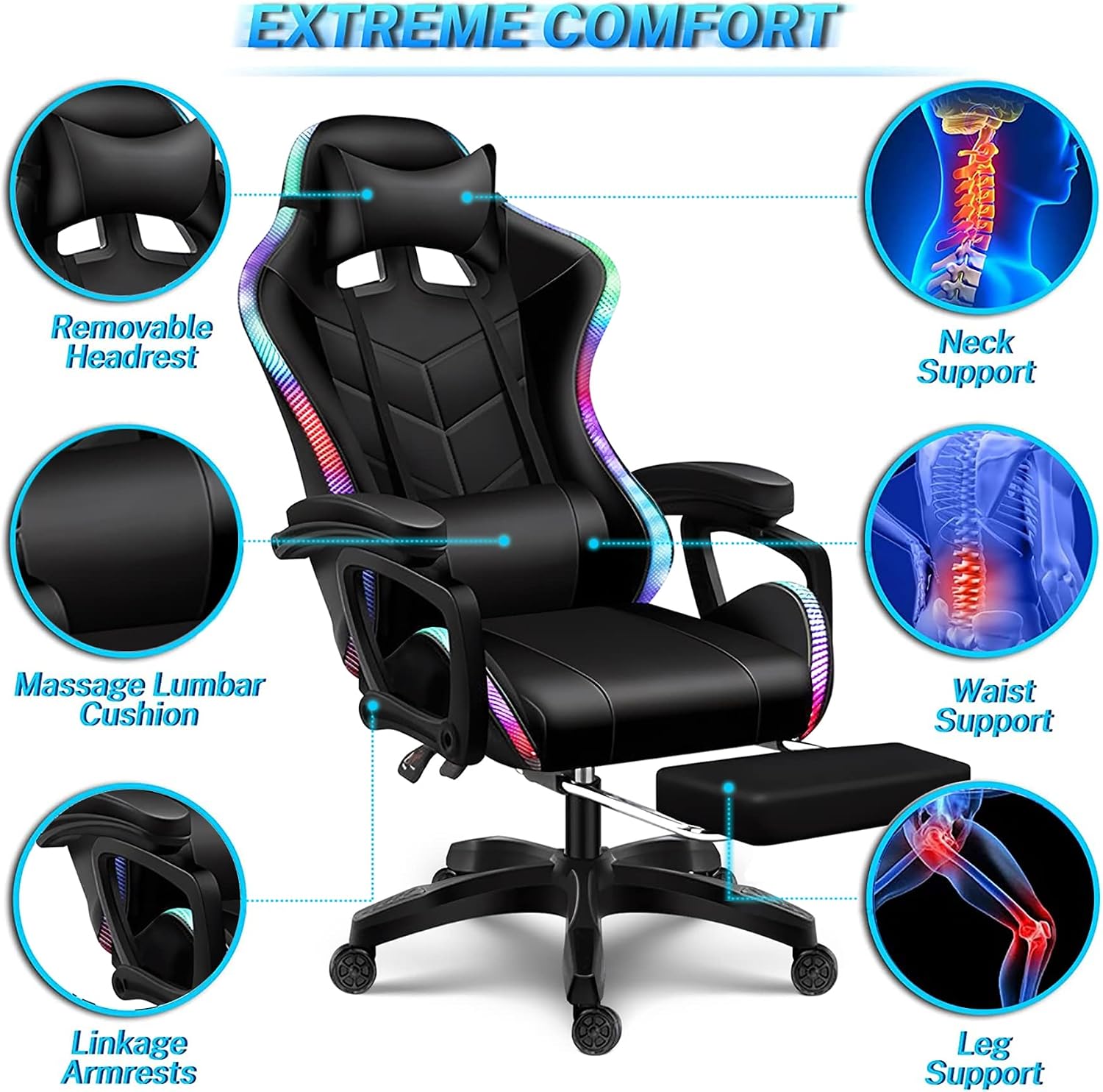 Gaming Chair with LED Light Ergonomic Video Game Chairs with Bluetooth Speakers Adjustable Armrest Height PU Leather Racing Chair Computer Office Swivel Chair for Adult Teens,Black