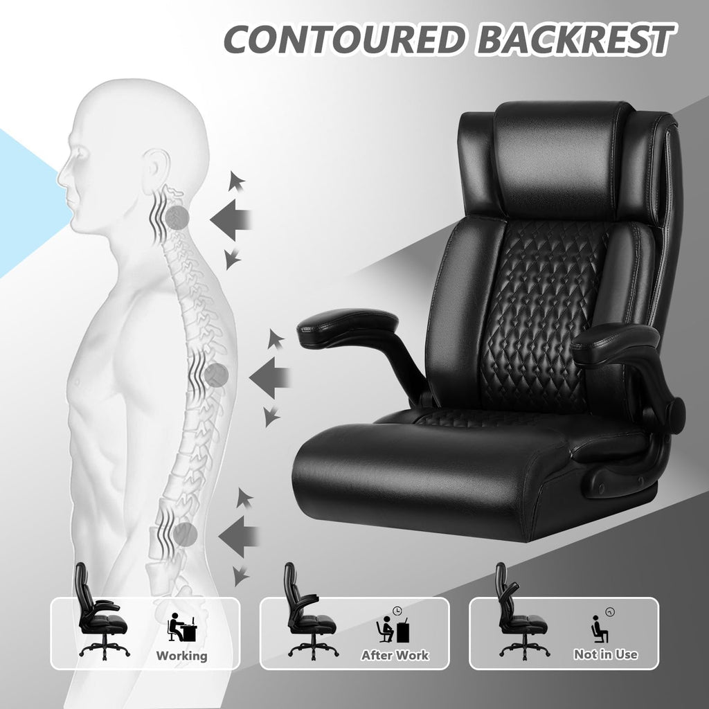 OFIKA Executive Office Chair Heavy Duty Office Chair Padded Flip Up Armrest, Computer Gaming Chair PU Leather Desk Chair, High Back Big and Tall Office Chair with Lumbar Support (Black)