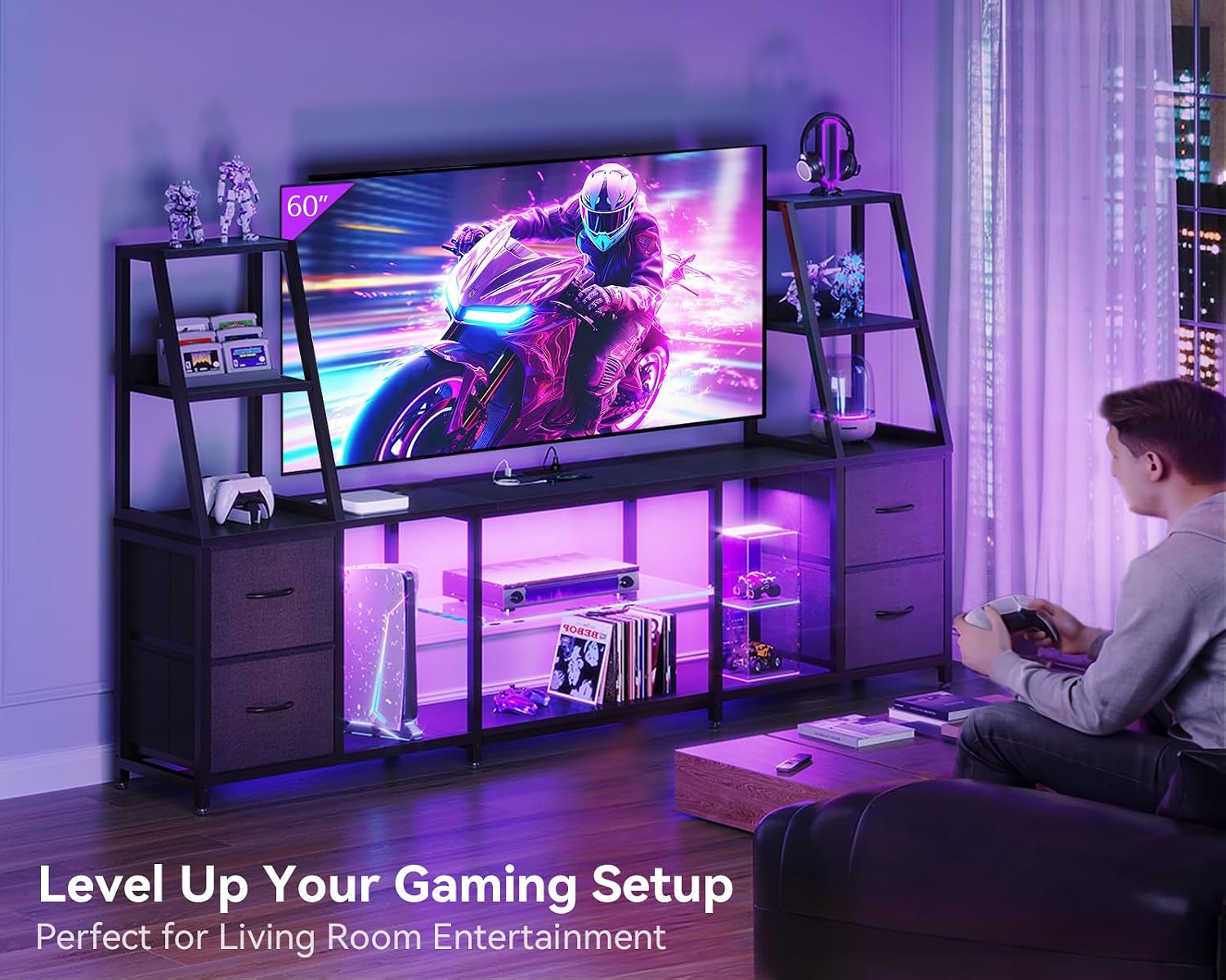 Casaottima LED TV Stand for 50–65 Inch TVs with Power Outlets & RGB Ligths, Gaming Entertainment Center with 4 Drawers & Storage, Media Console Supports Up to 75/85/95 Inch Wall-Mounted TVs, Black