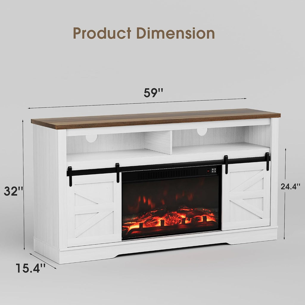 JUMMICO Fireplace TV Stand for 65+ Inch TV with 26'' Fireplace Entertainment Center with Storage Cabinet and Adjustable Shelves Media Console with Sliding Barn Door for Living Room (Bright White)