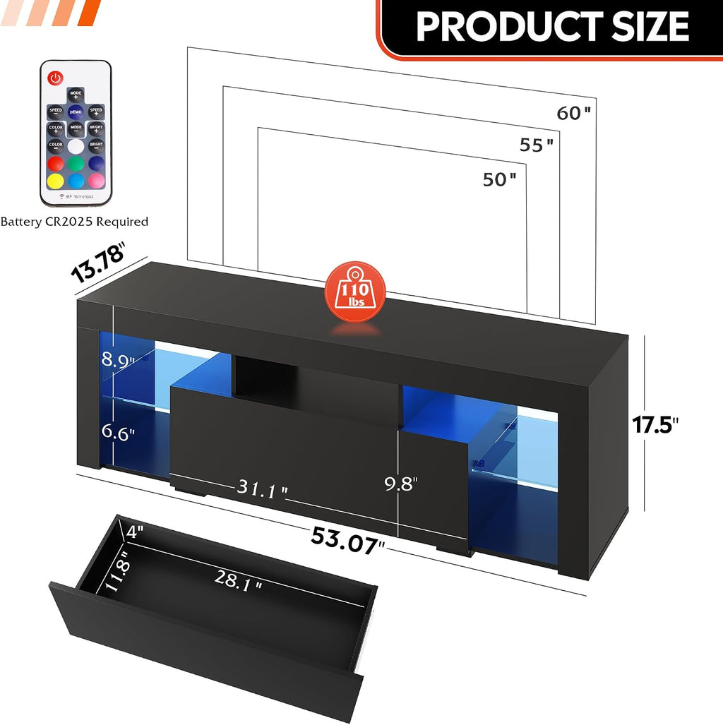 WLIVE TV Stand with LED Lights & 2 Large Storage Drawers, Modern Entertainment Center for 32/43/50/55/60 Inchs TVs, Sturdy TV Console for Living Room, Bedroom(Black)
