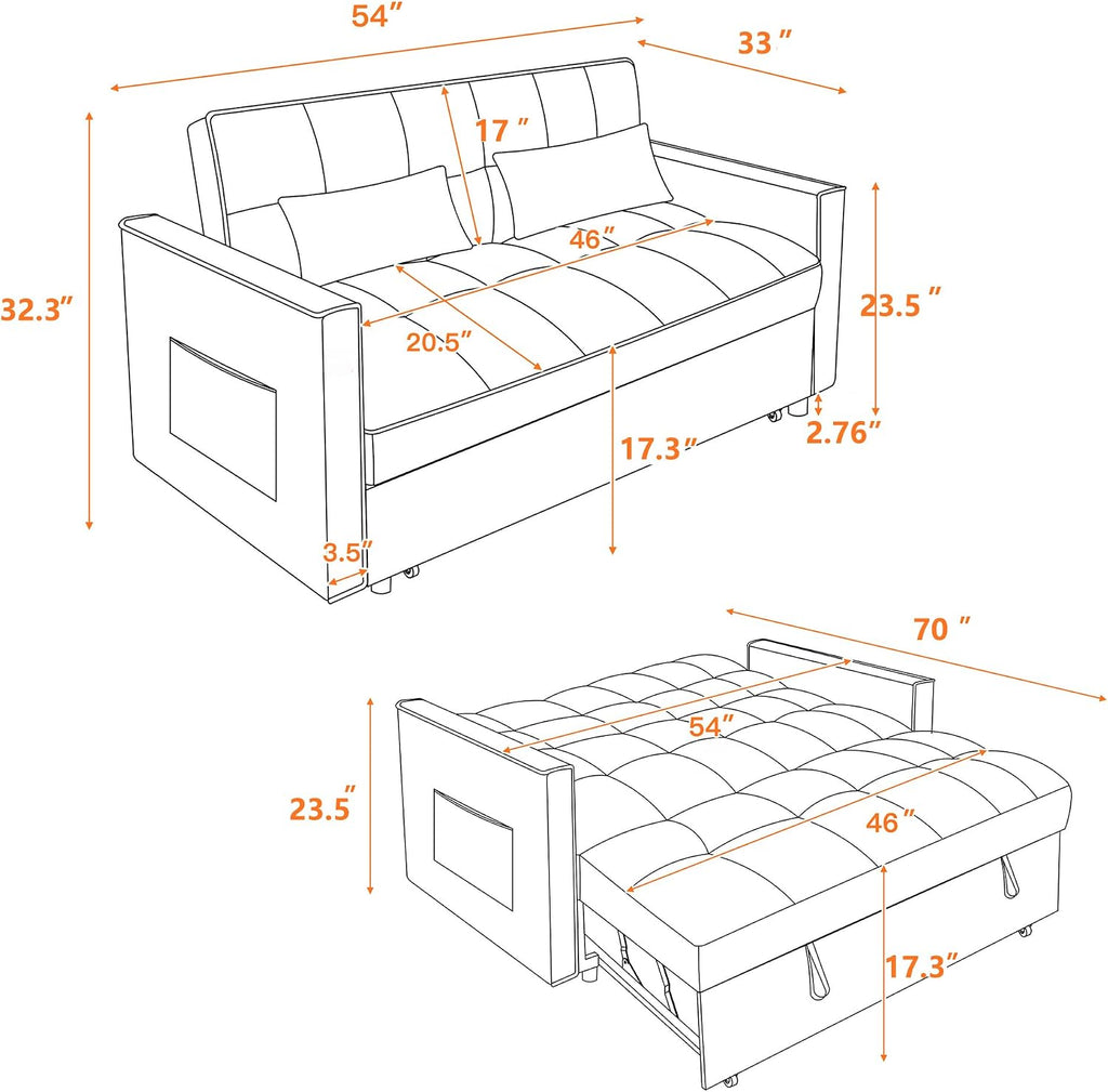 54' Sleeper Sofa Bed, Velvet Futon Sofa Bed with Adjustable Backrest, 3-in-1 Convertible Pull-Out Sleeper Sofa Couch with Armrest and Side Pockets for Small Spaces, Living Room (Pink)